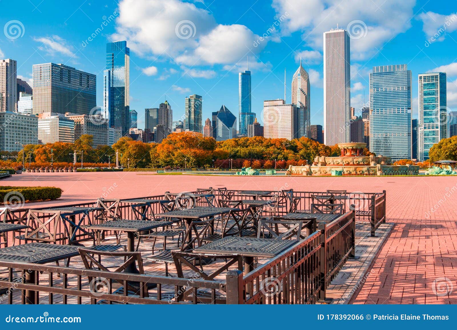 grant park`s autumn trees glow against the chicago illinois skyline