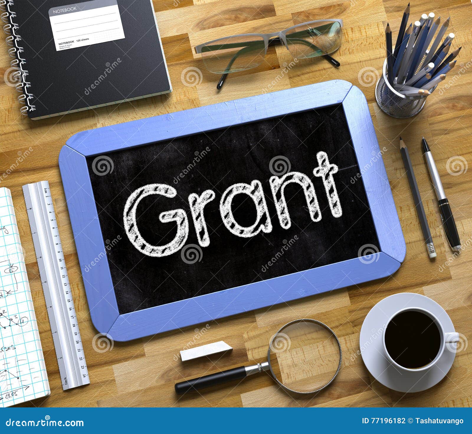 Grant Text on Small Chalkboard. 3D Render. Stock Illustration
