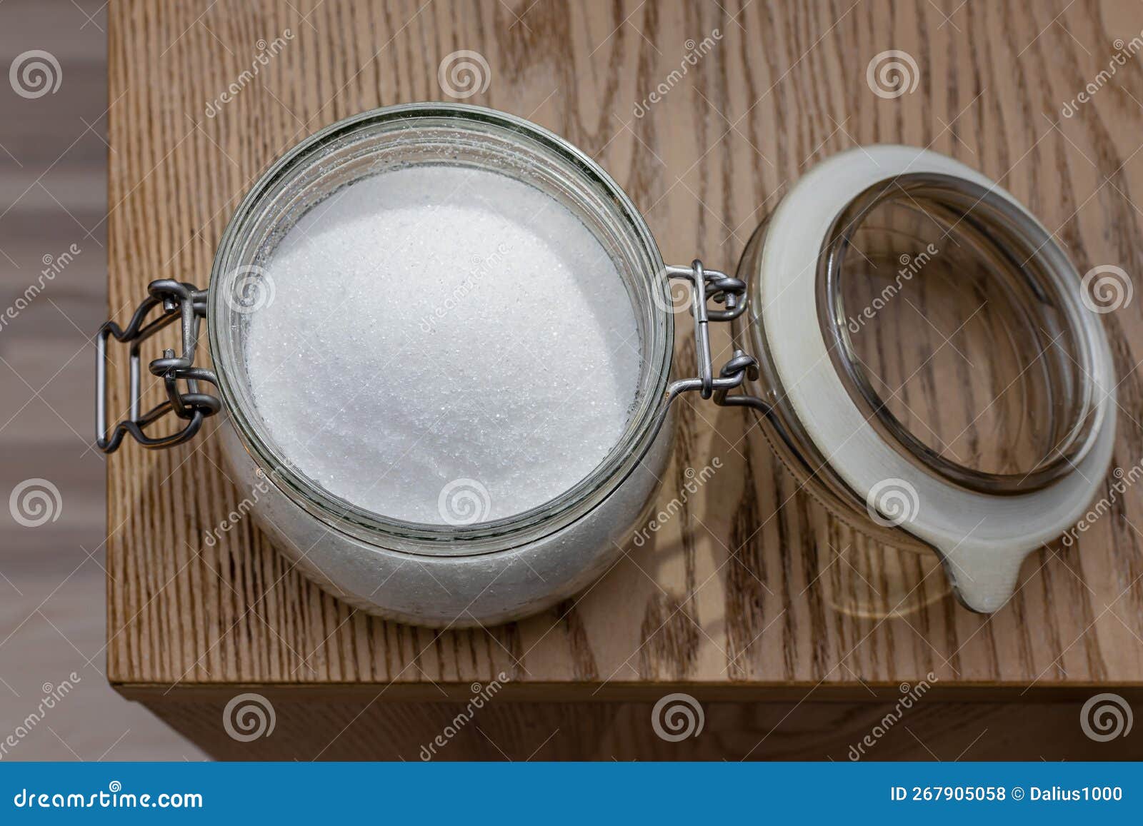 Granulated Sugar in Glass Jar Container Jar Full of Sugar Stock Photo