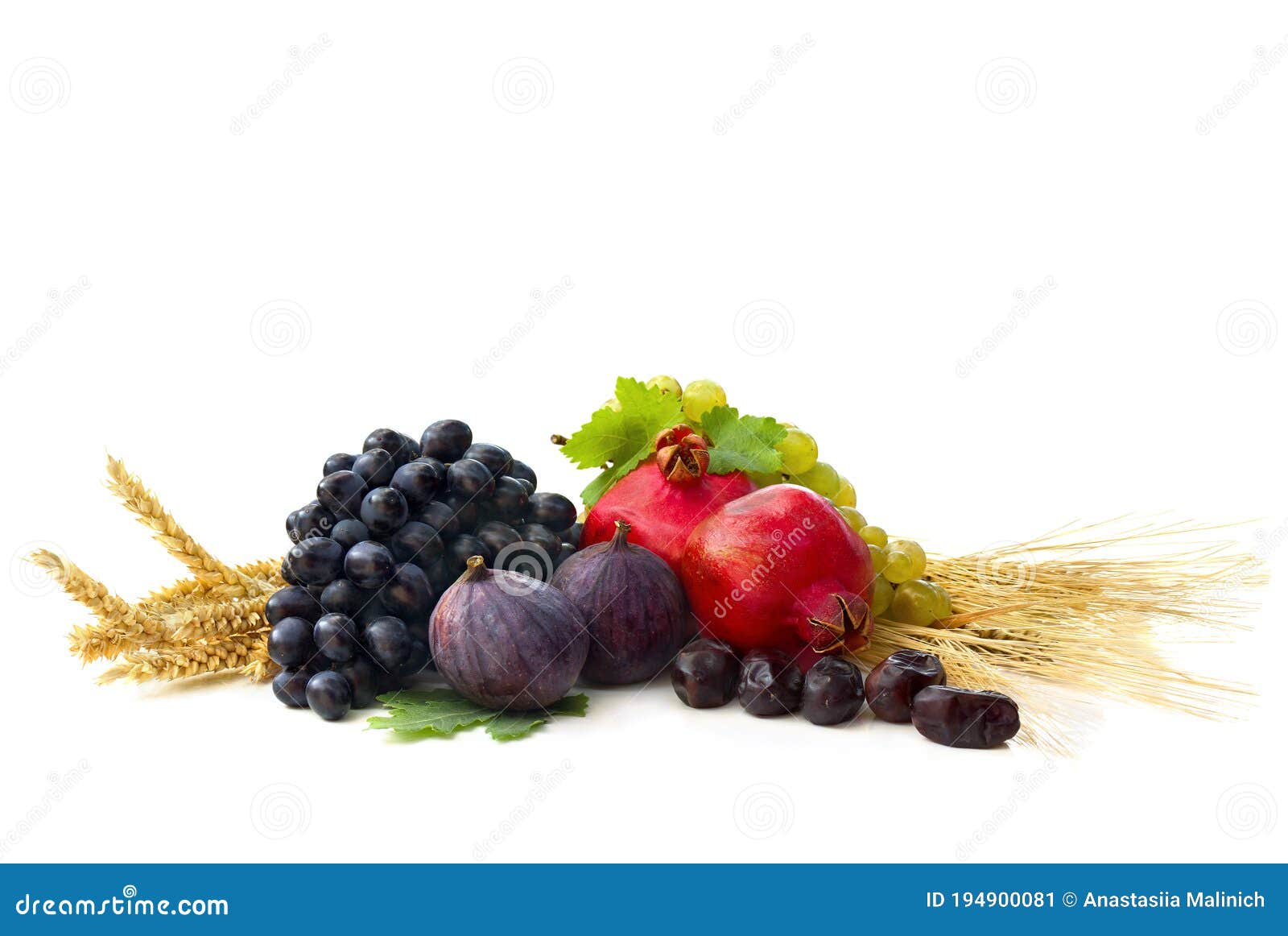 Grapes, Dates, Figs, Barley and Wheat on a White Background