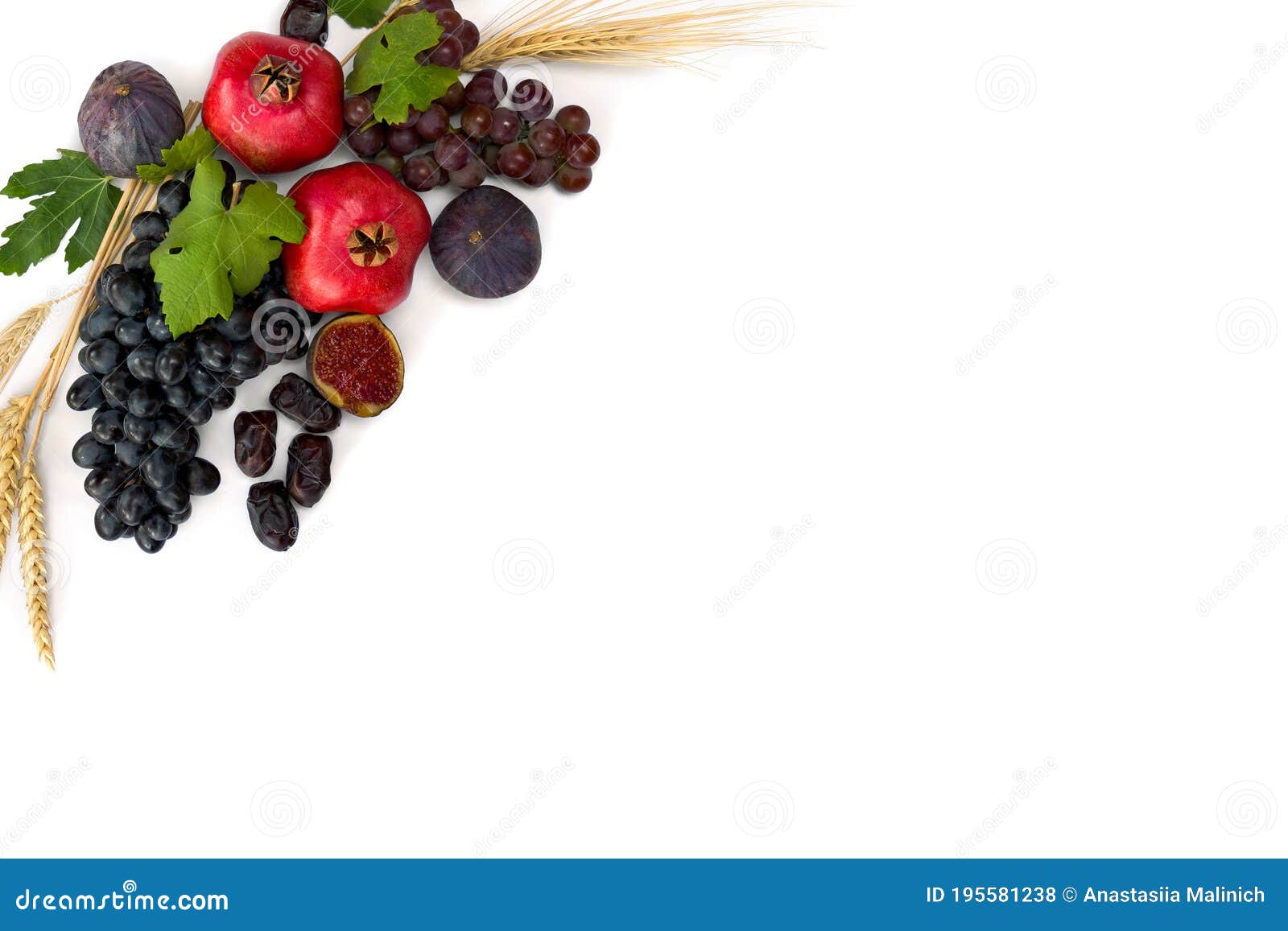 Grapes, Dates, Figs, Barley and Wheat on a White Background