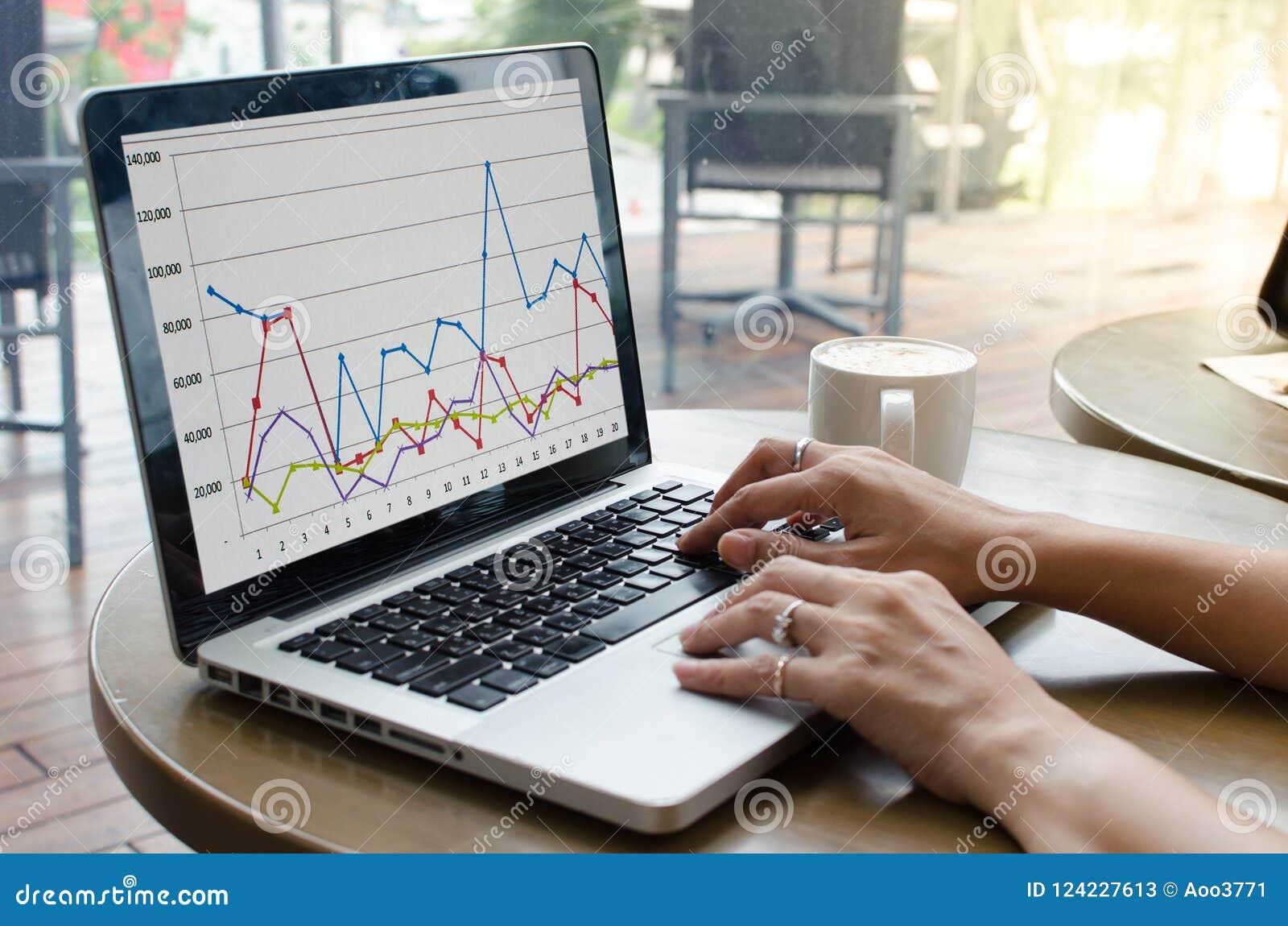 Graph and computer laptop stock image image of screen 124227613
