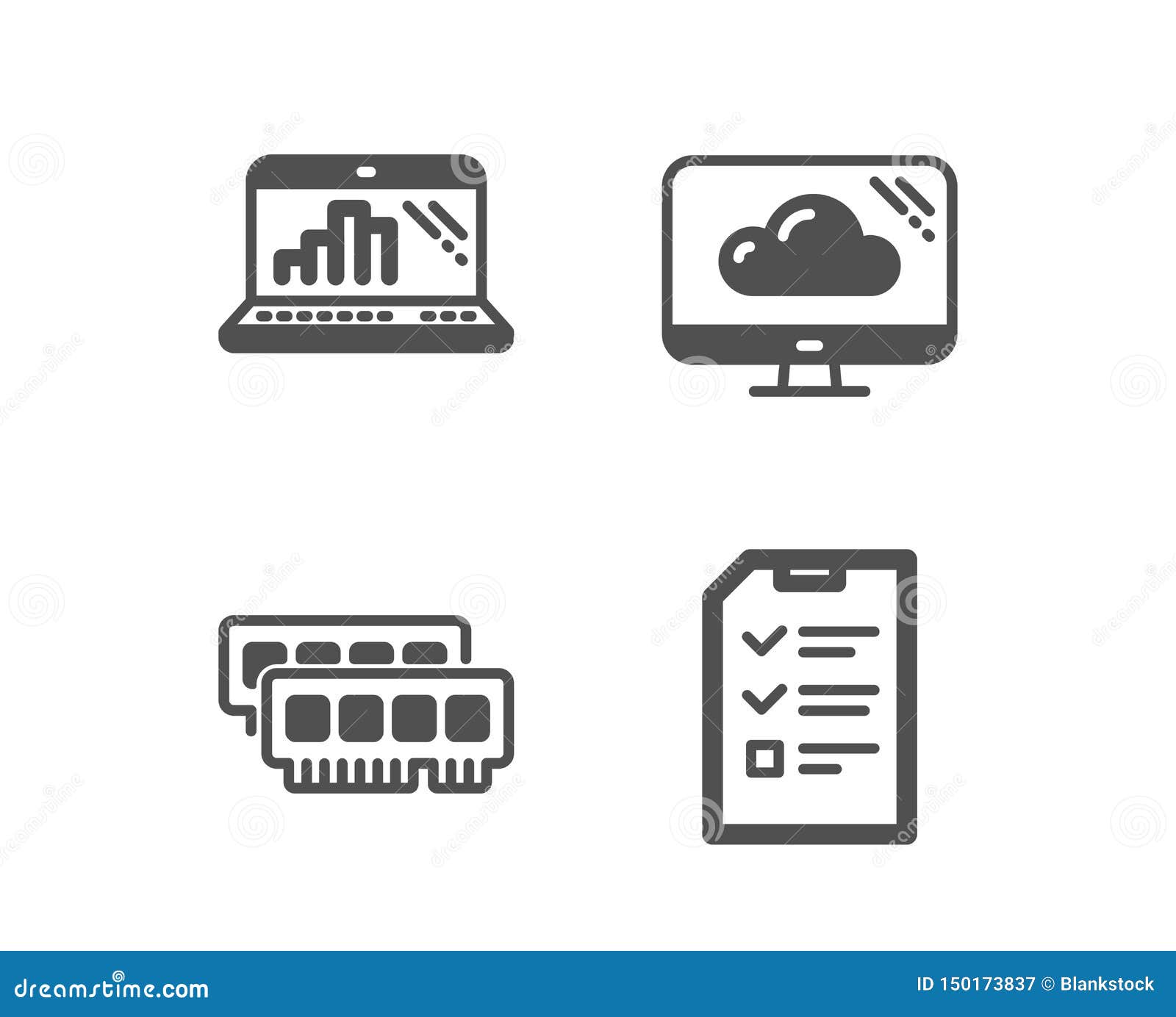 Graph Laptop, Cloud Storage and Ram Icons. Interview Sign. Mobile