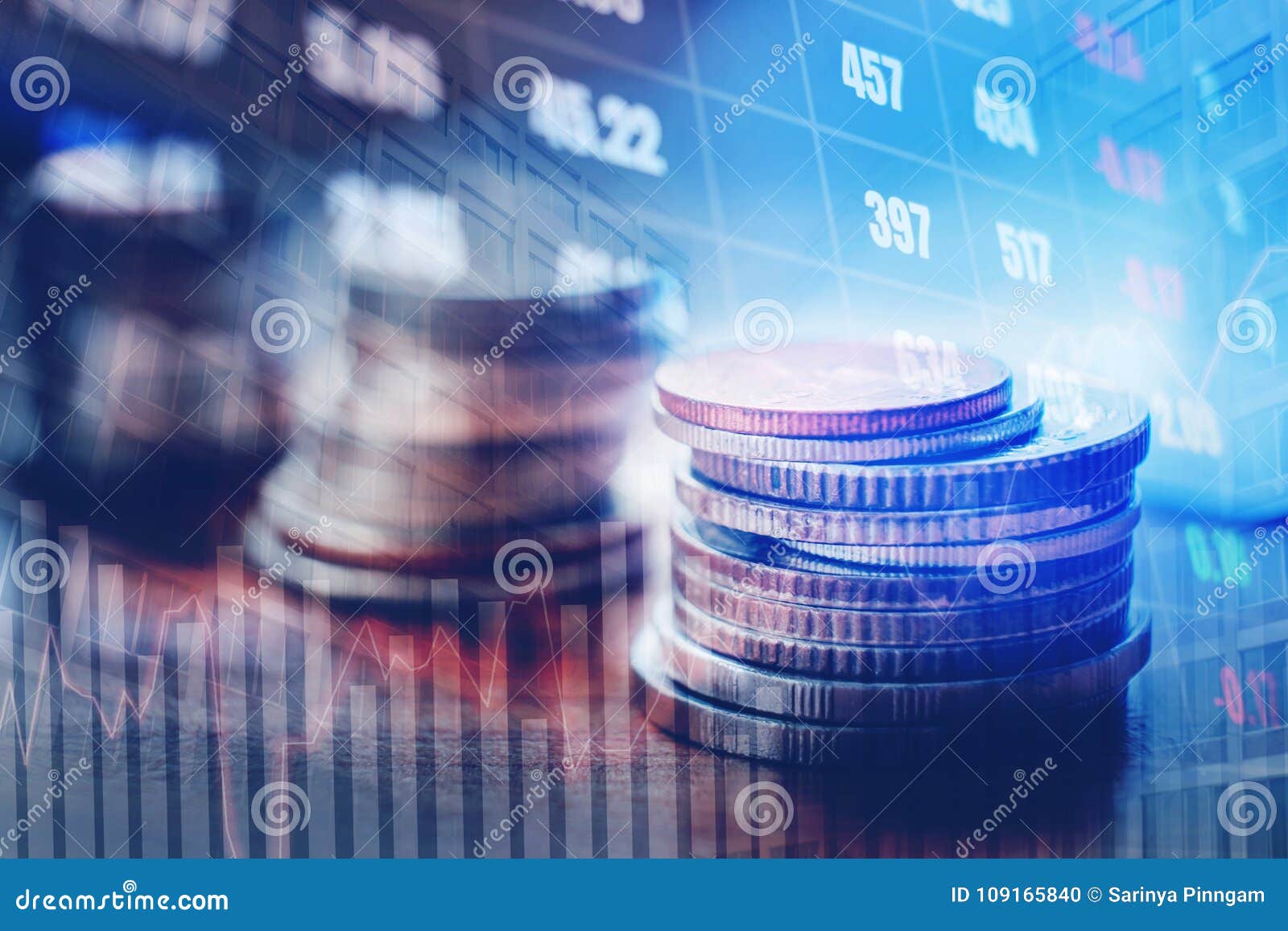 graph on rows of coins for finance and banking on digital stock