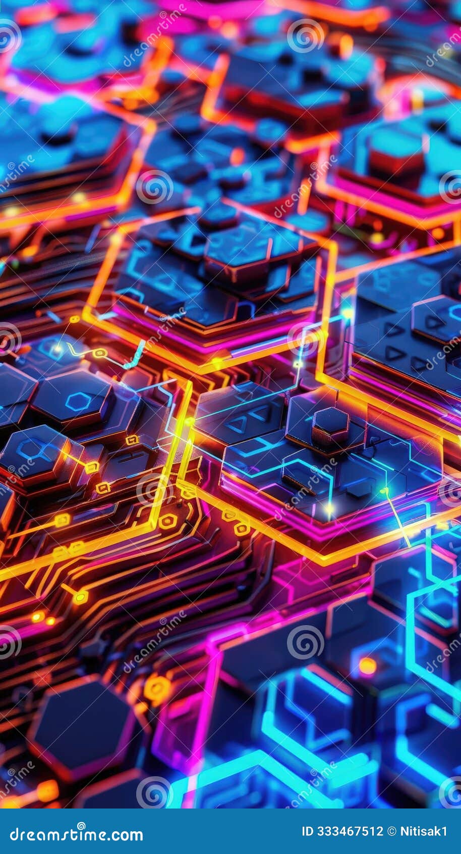 graphic of abstract art of a datadriven market analysis using neon colors and glowing hexagons to illustrate technological