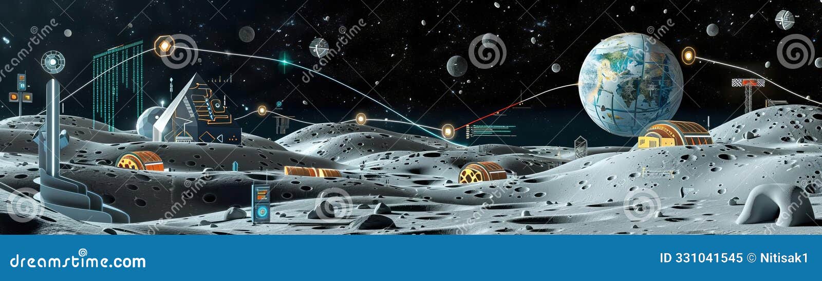 graphic of abstract  art of ai and technology on a lunar landscape with data visualizations