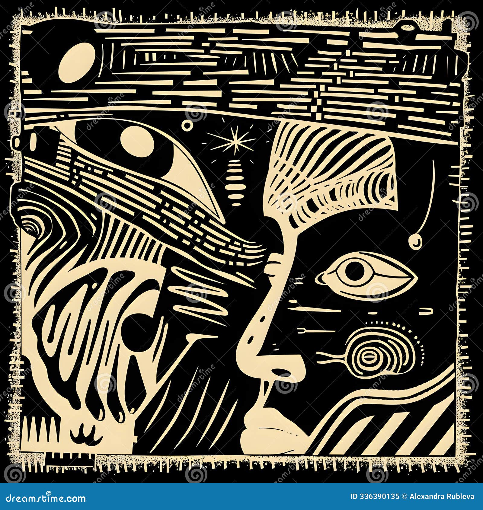 graphic art in the style of risography or  with imitation of linocut. abstract faces with intricate patterns on