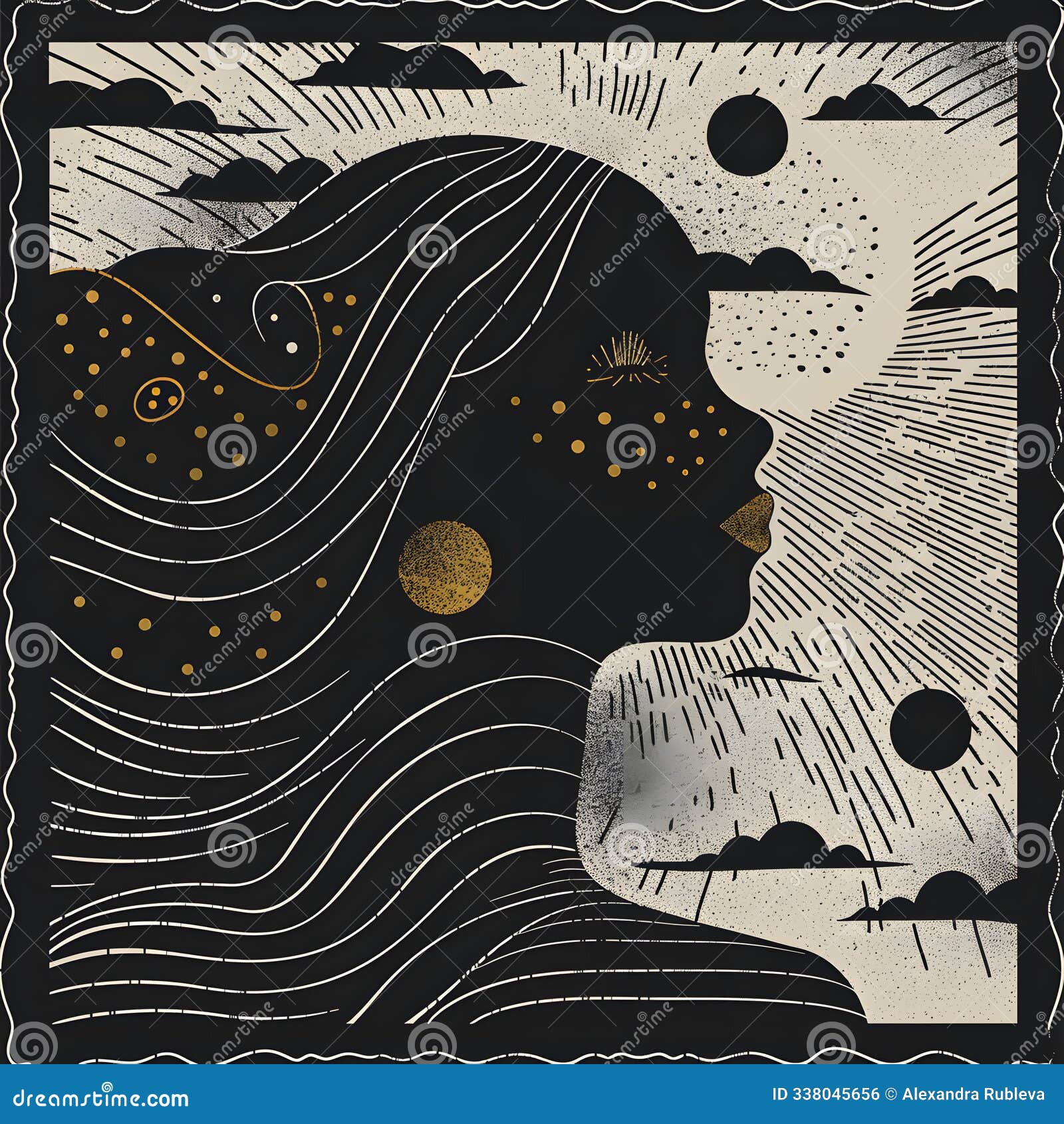 graphic art in the style of risography or  with imitation of linocut. abstract faces with intricate patterns on