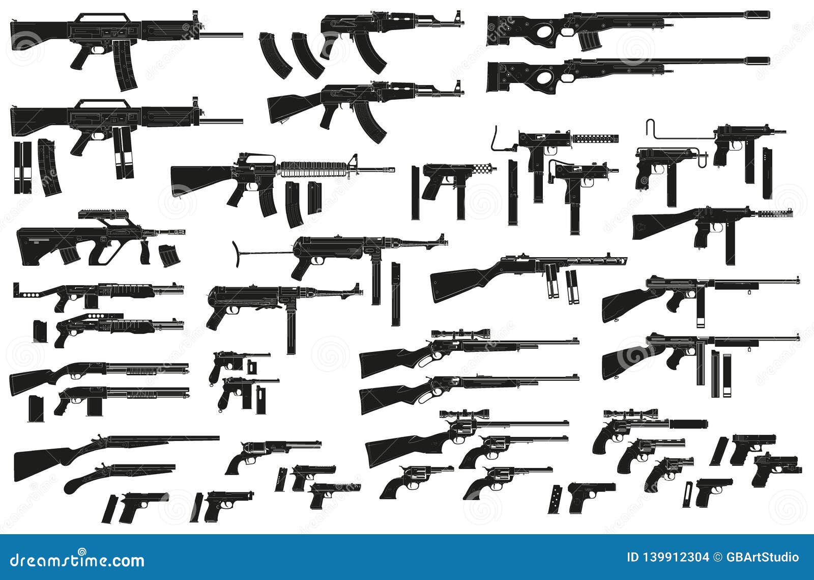 graphic black silhouette weapon and firearm icons