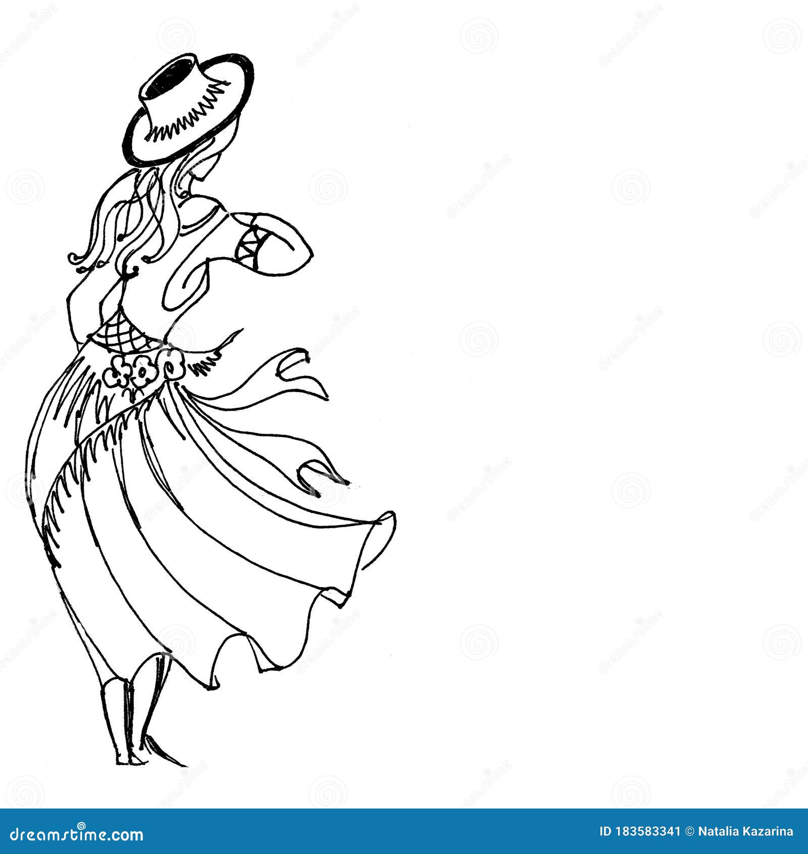 Graphic Black and White Drawing of a Girl in a Hat Stands in the Wind