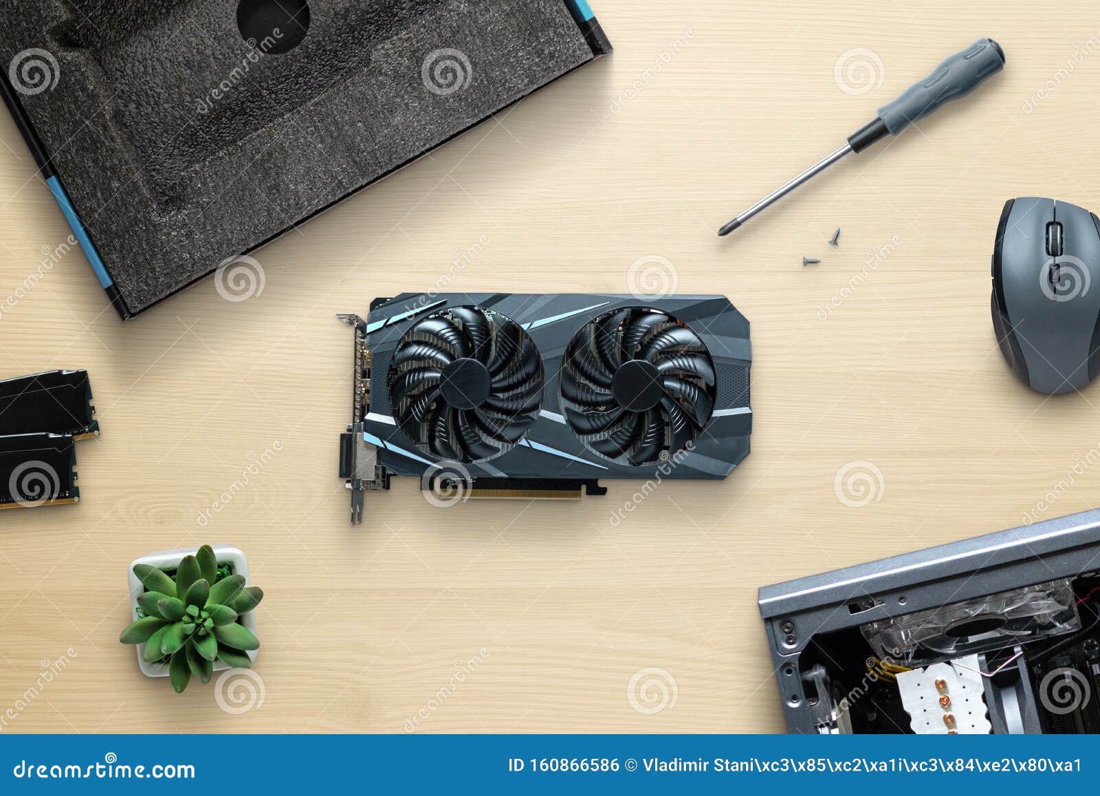 Graphic Card Installation Concept Work Desk With Modern Gpu