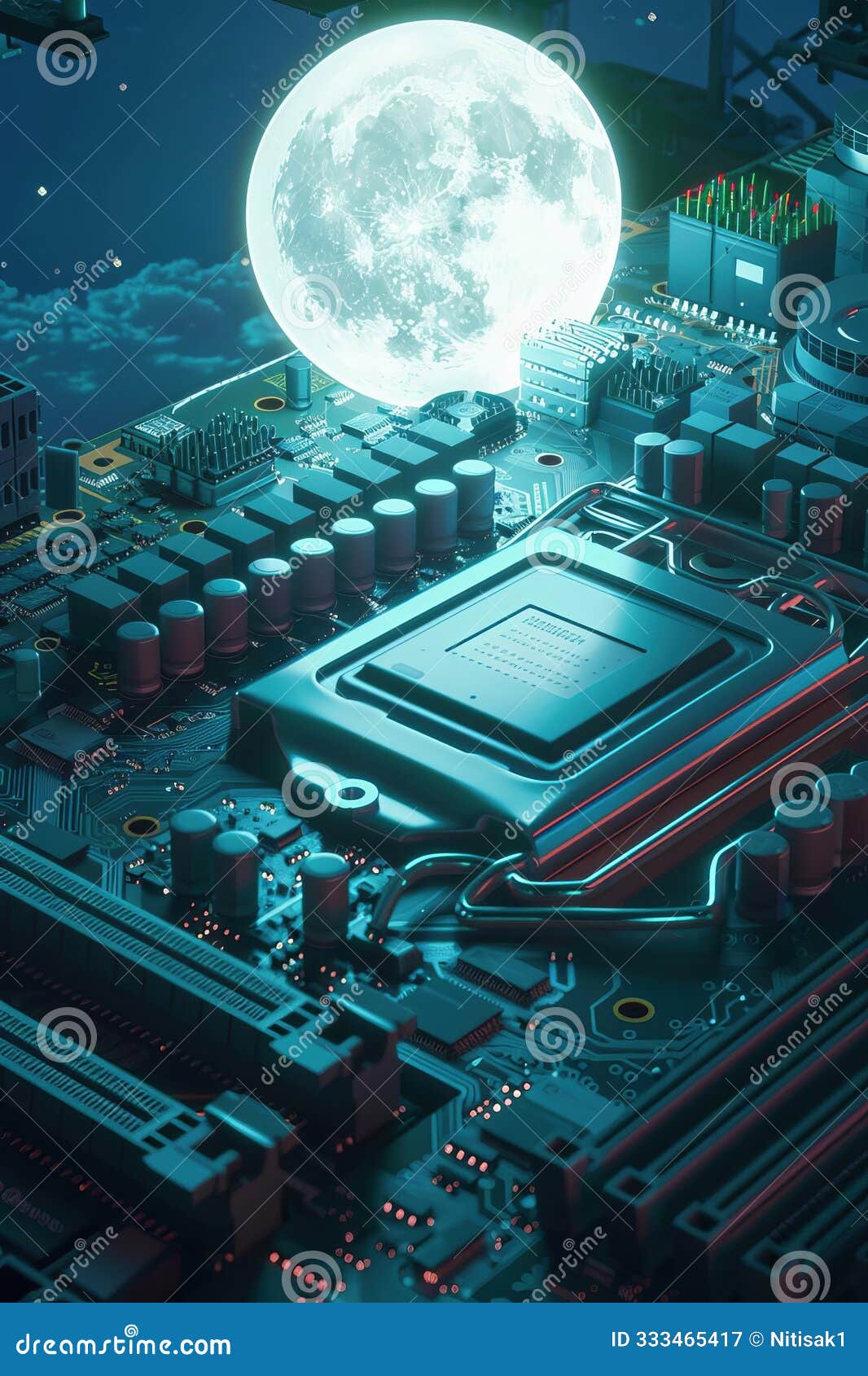 graphic of 3d model of technological data and ai integration on a moonlit electronic mainboard