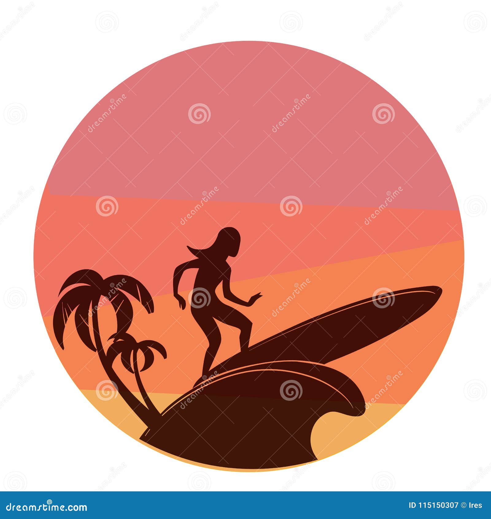 Silhouette of Surfing Young Woman with Colorful Sunset on