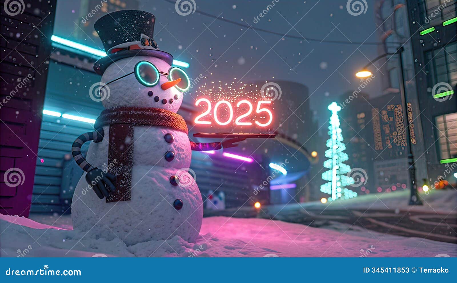 graphic , snowman image with 2025 inscription, cyberpunk background with neon lights, christmas and new year background