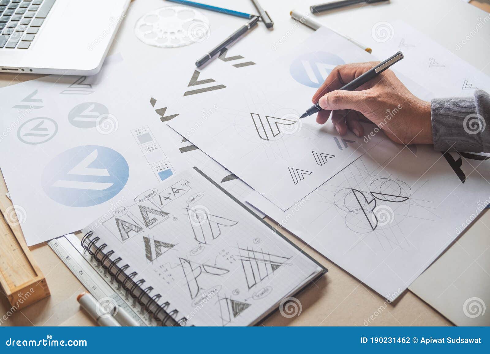 Graphic designer drawing sketch design creative Ideas draft Logo product  trademark label brand artwork Graphic designer studio Concept Stock Photo   Alamy