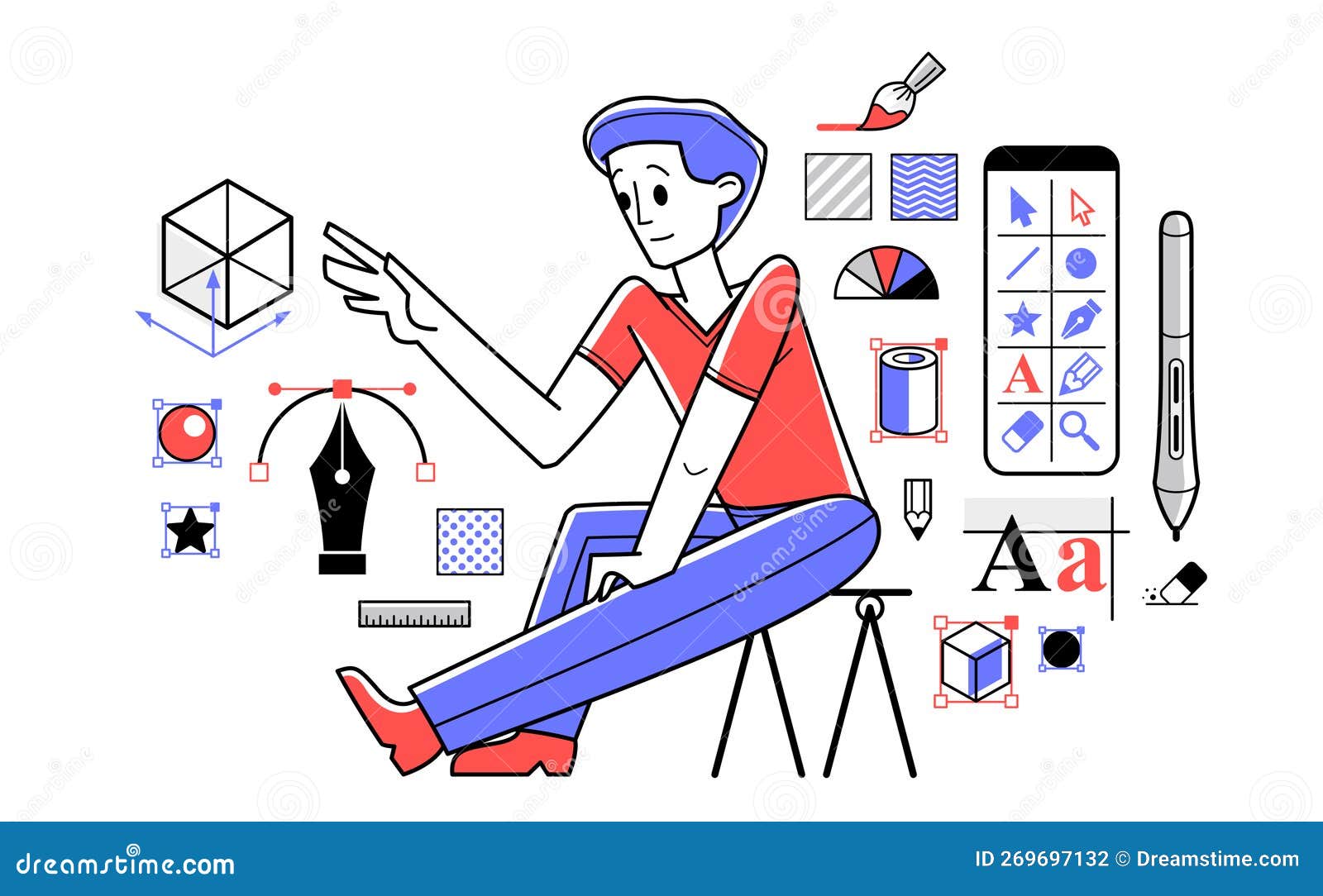 Graphic Designer Working on Some Creative Project Vector Outline