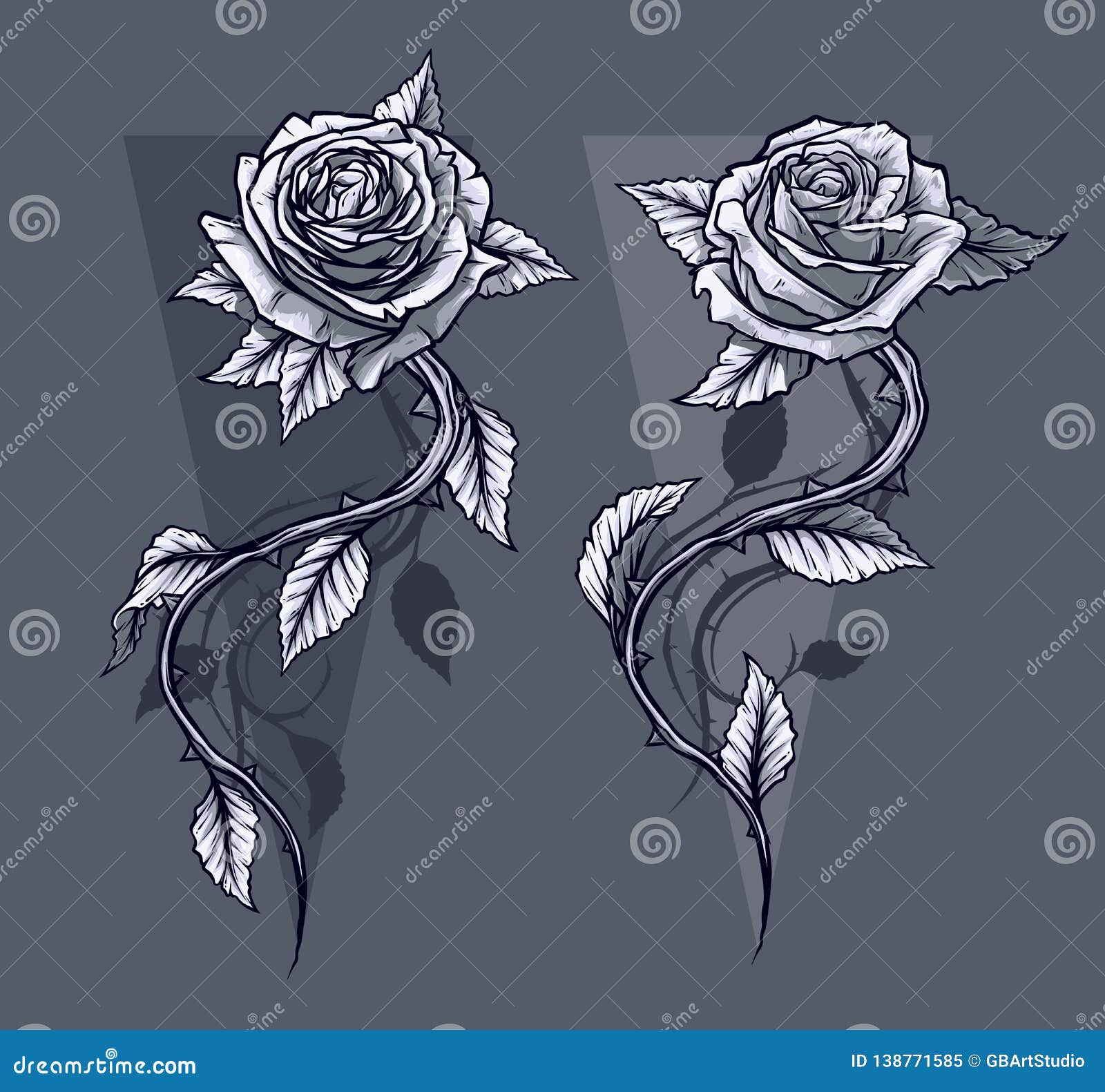 Graphic Detailed Graphic Roses with Stem Set Stock Vector