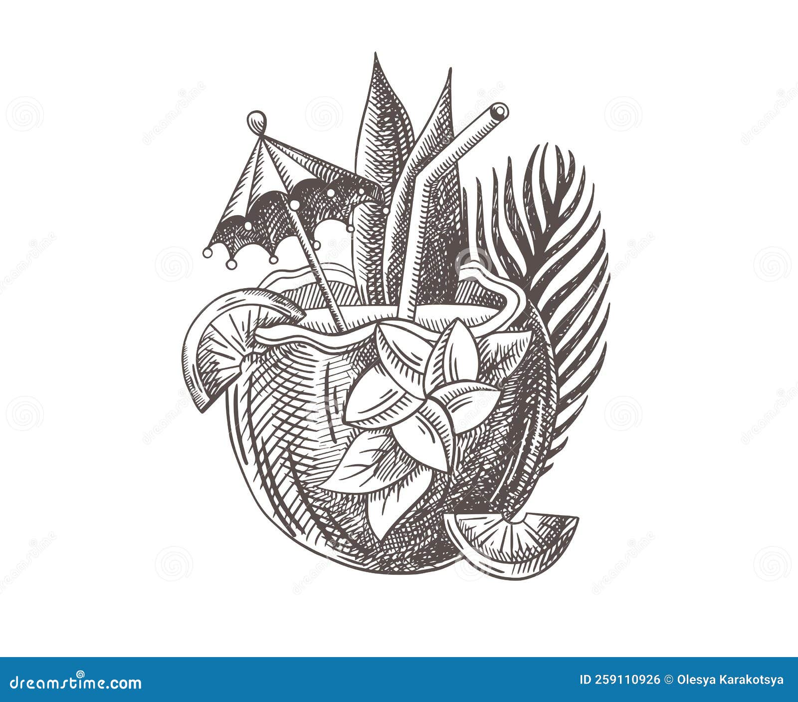 Graphic Drawing Tropical Cocktail in a Coconut Stock Illustration
