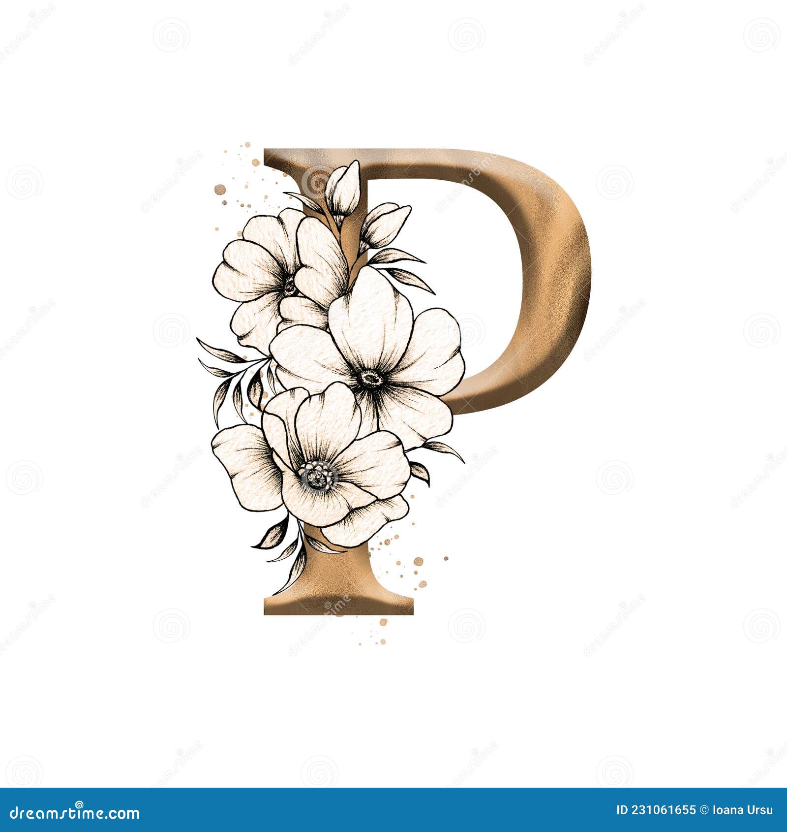 Graphic Floral Alphabet, Gold Letter P with Vintage Flowers Bouquet  Composition, Unique Monogram Initial Perfect for Wedding Stock Illustration  - Illustration of decorative, leaf: 231061655