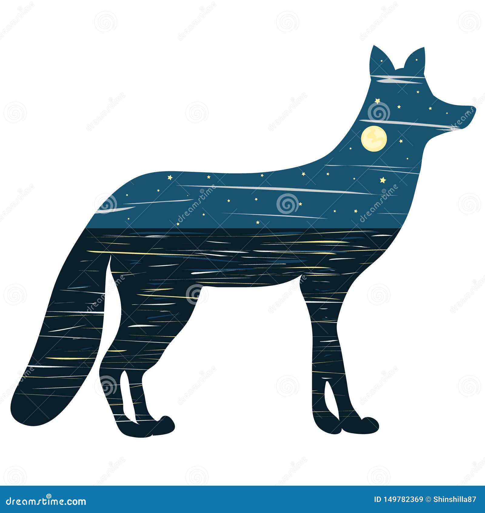 Graphic Illustration the Form of a Silhouette of a Fox and Nature Inside. Night Sky and Sea with Moonlit Path Stock Vector - of dangerous, dark: 149782369