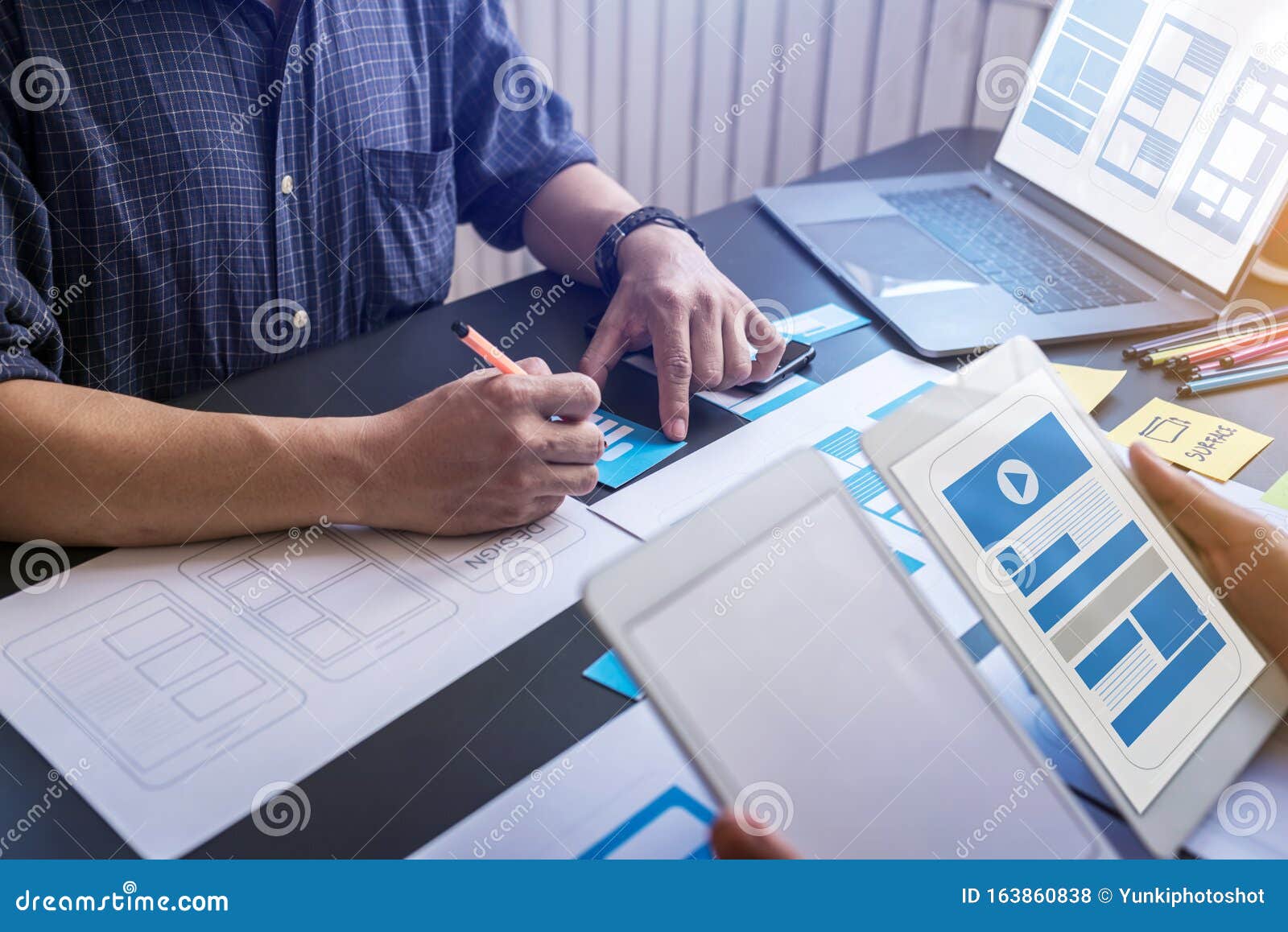 graphic mobile user experience  teamwork help to  new job in modern office.  workstyle freelance teamwork