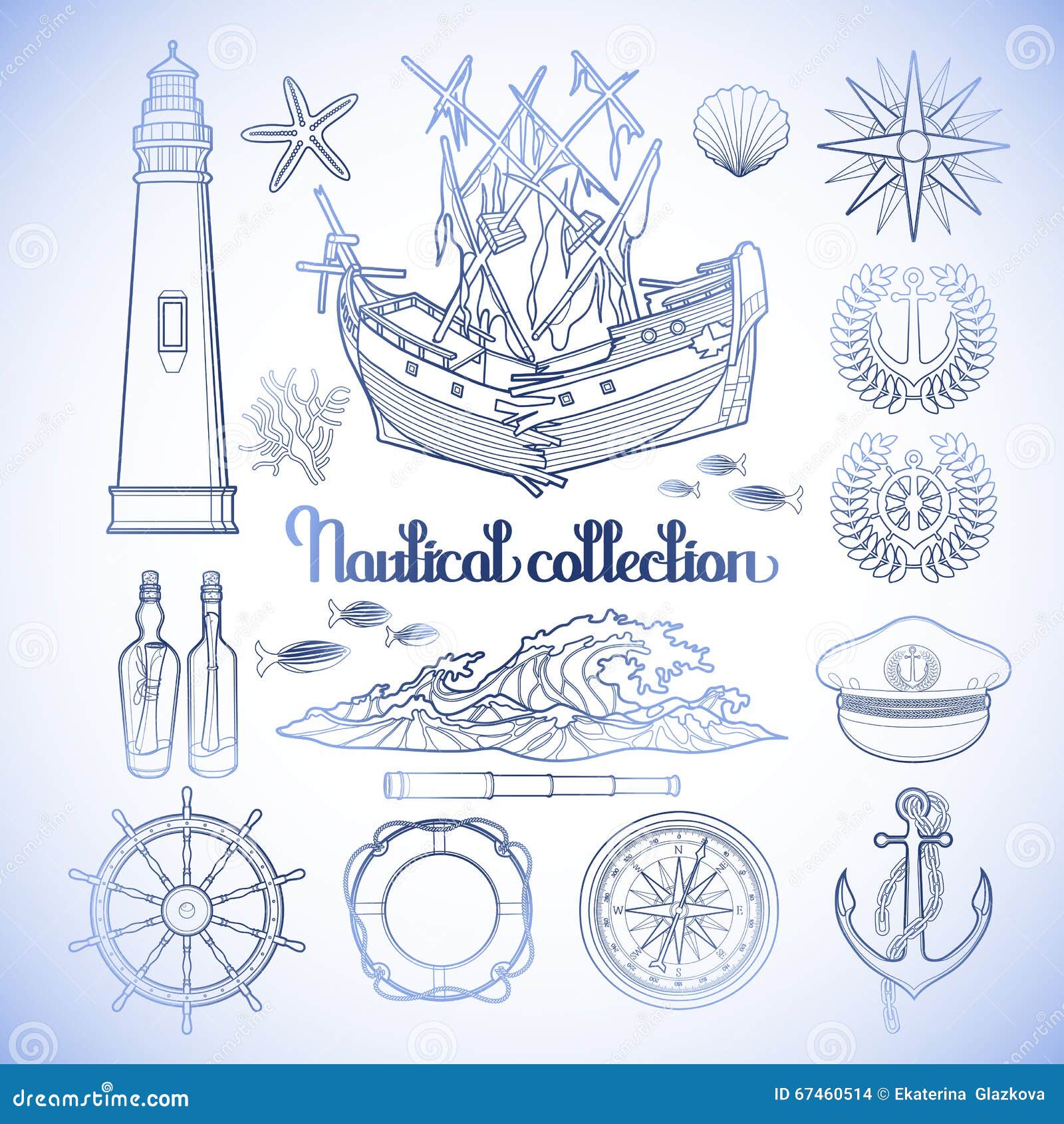 Graphic Nautical Collection Stock Vector - Illustration of fish, ocean ...