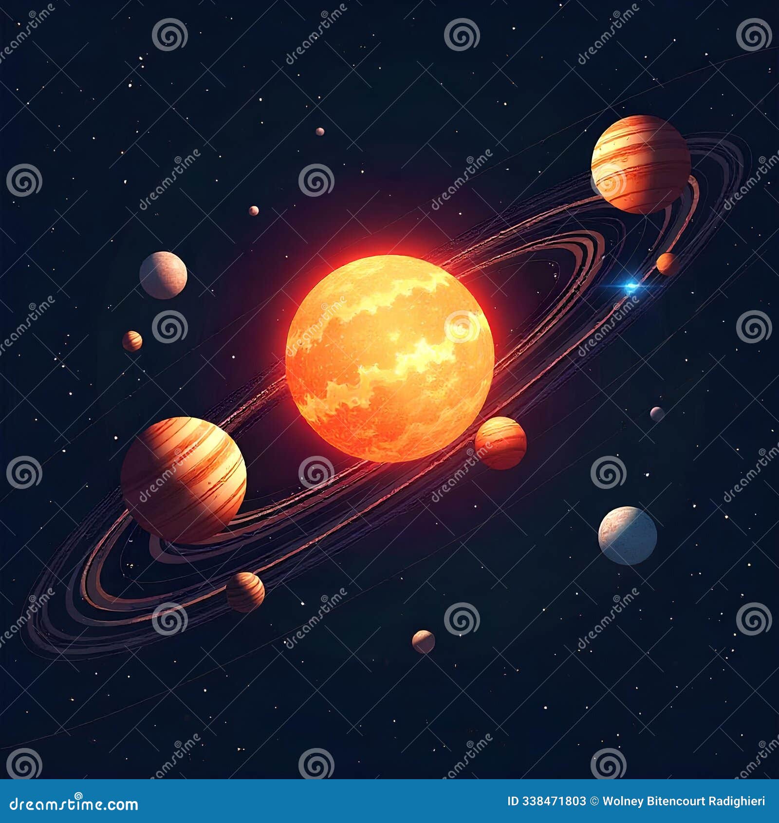 the sun being orbited by celestial bodies