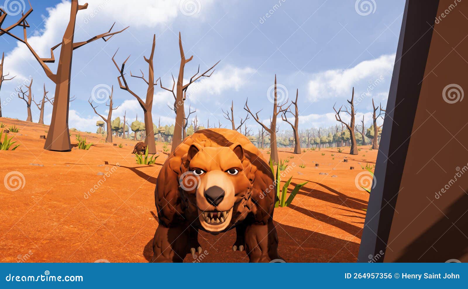 a bear facing the camera with a natural background ed in low poly 3d render