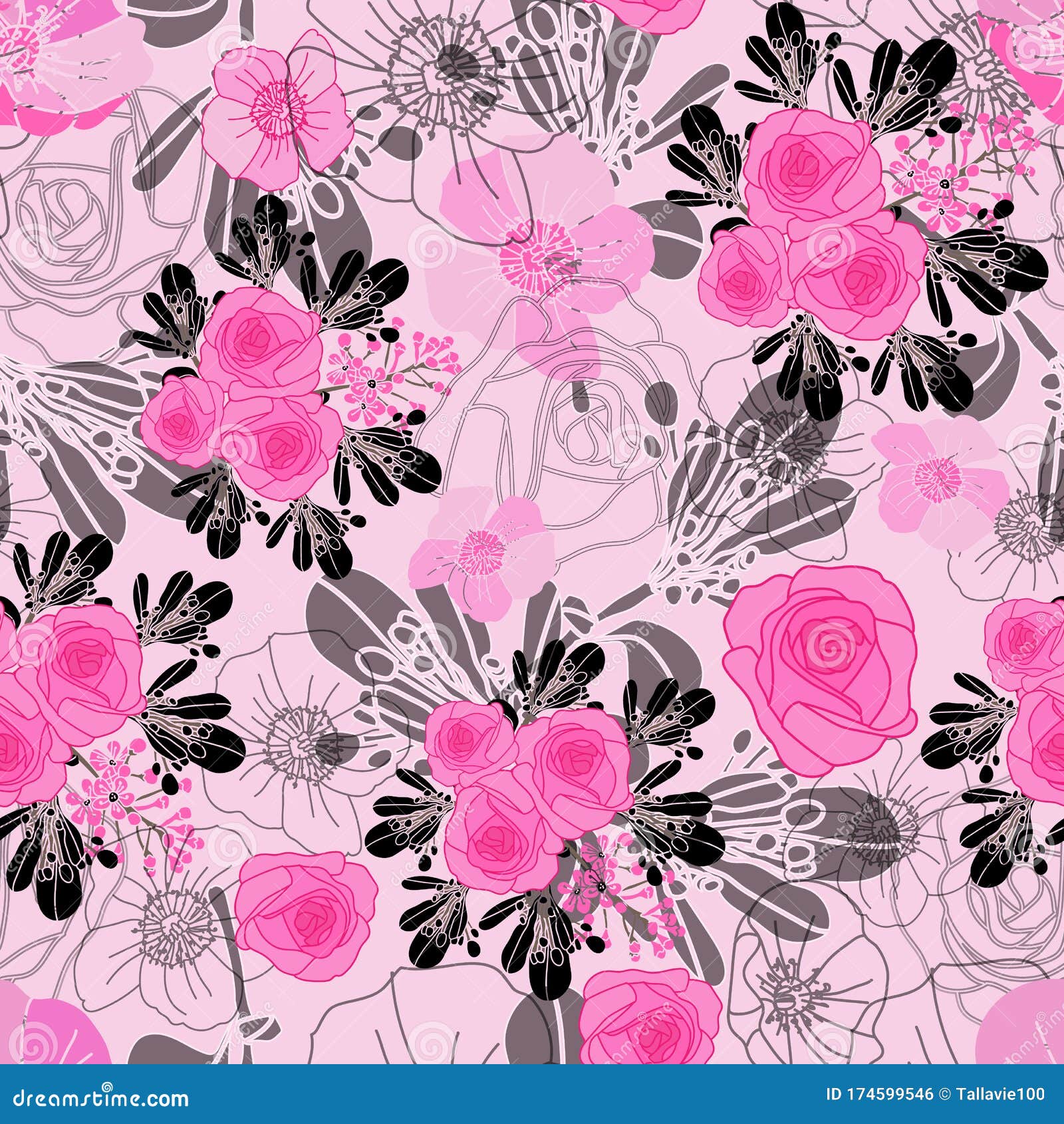 Graphic RosesFlowers in Bloom Seamless Repeat Pattern Background in