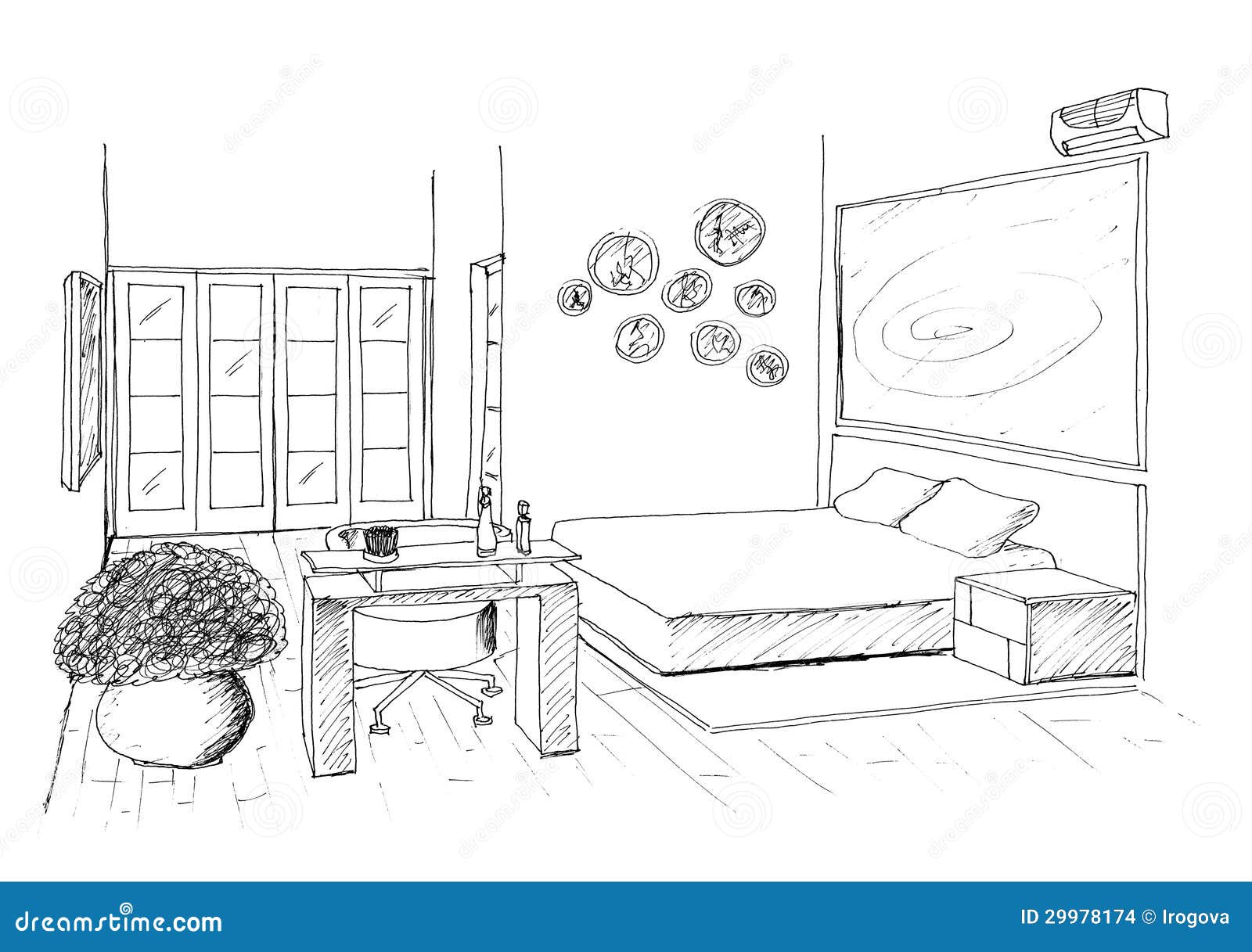 Graphic sketch an bedroom stock illustration. Illustration of cozy
