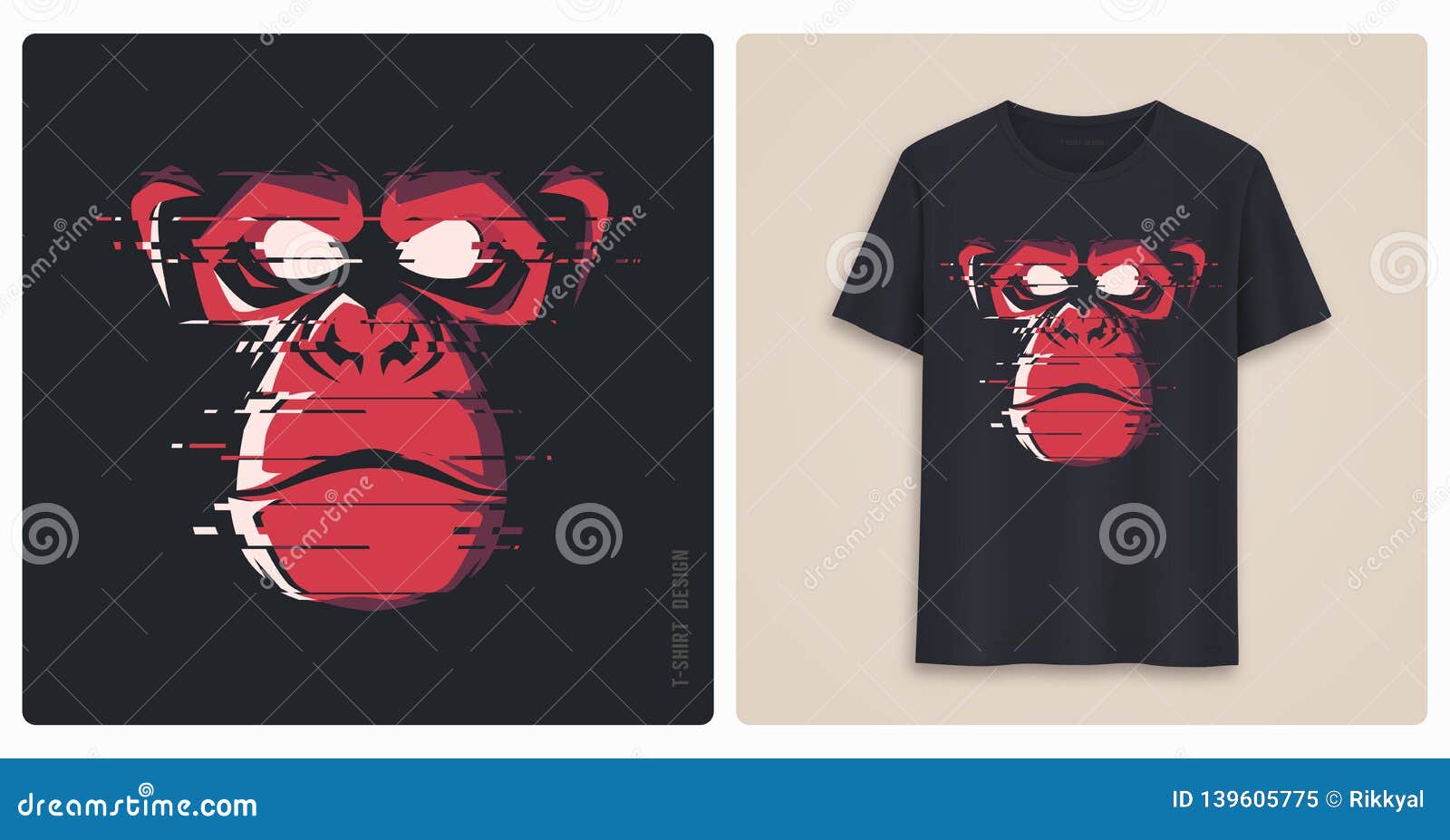 graphic tee shirt , print with glitch styled angry chimp.