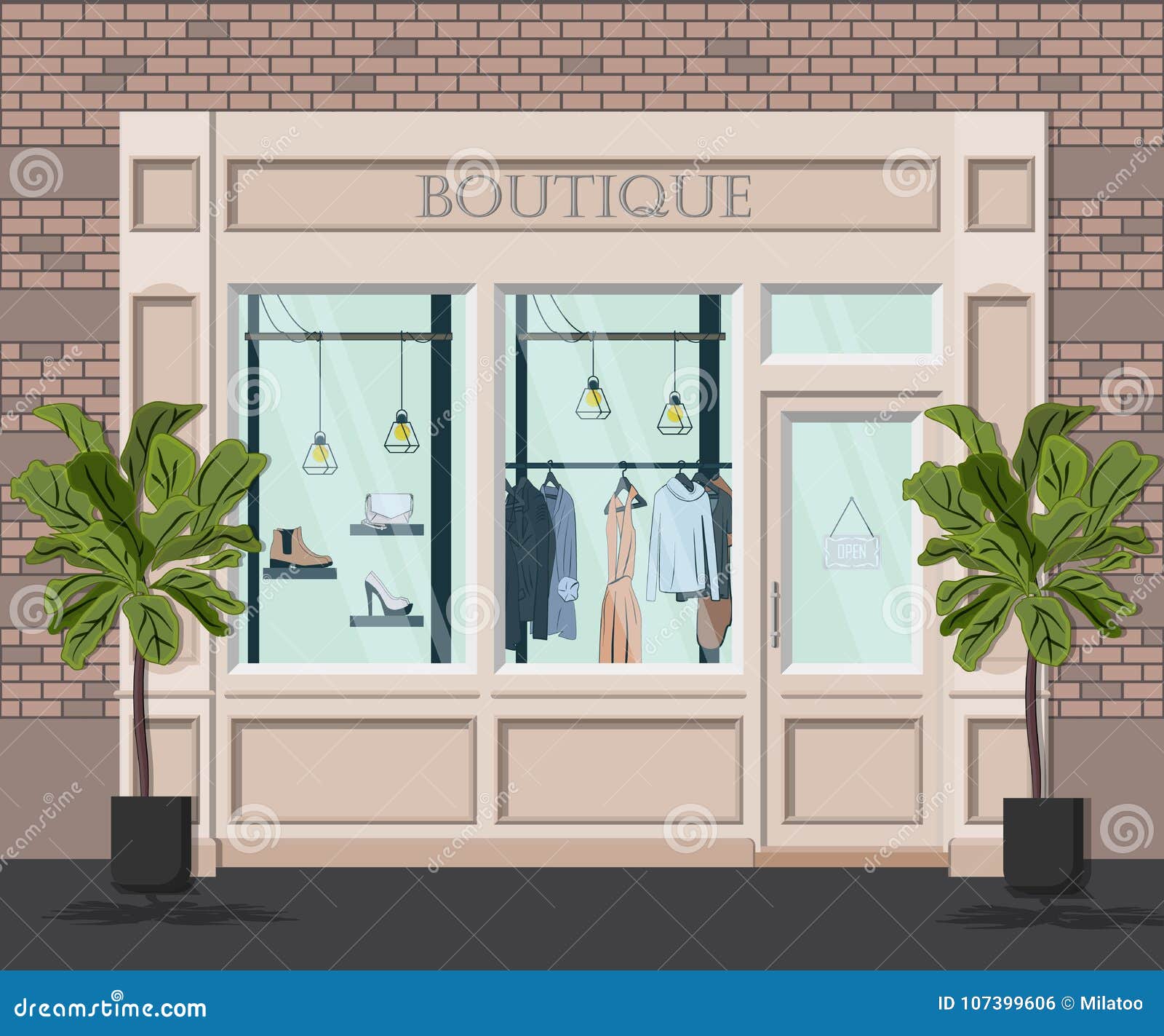 graphic  facade vintage boutique. detailed  of a clothes shop in a flat style. retail storefront. european fashi