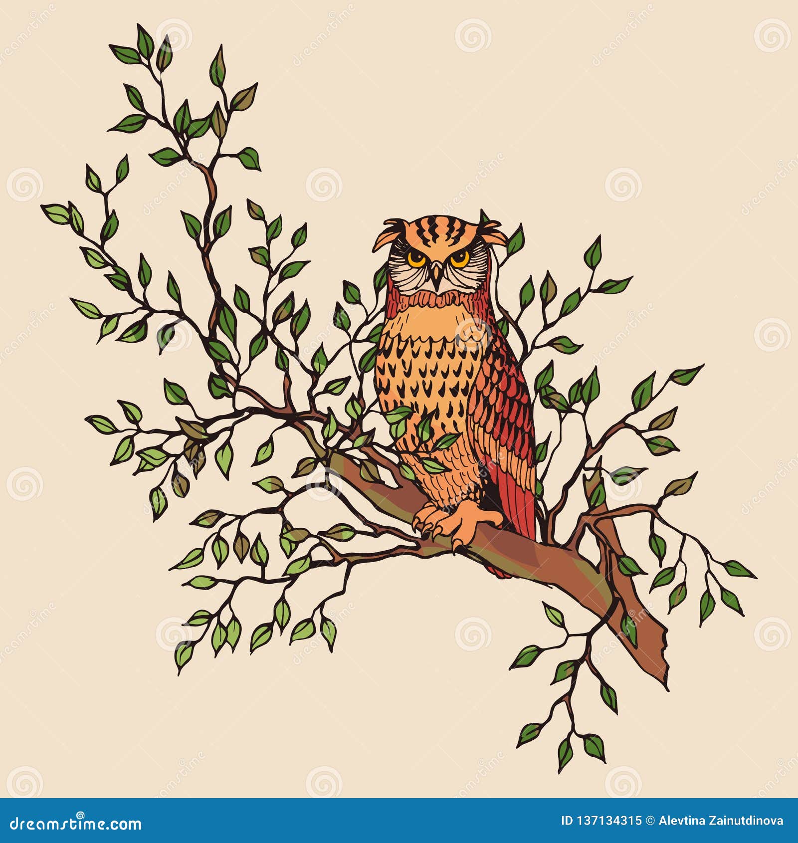 graphic  owl sitting on a tree branch 