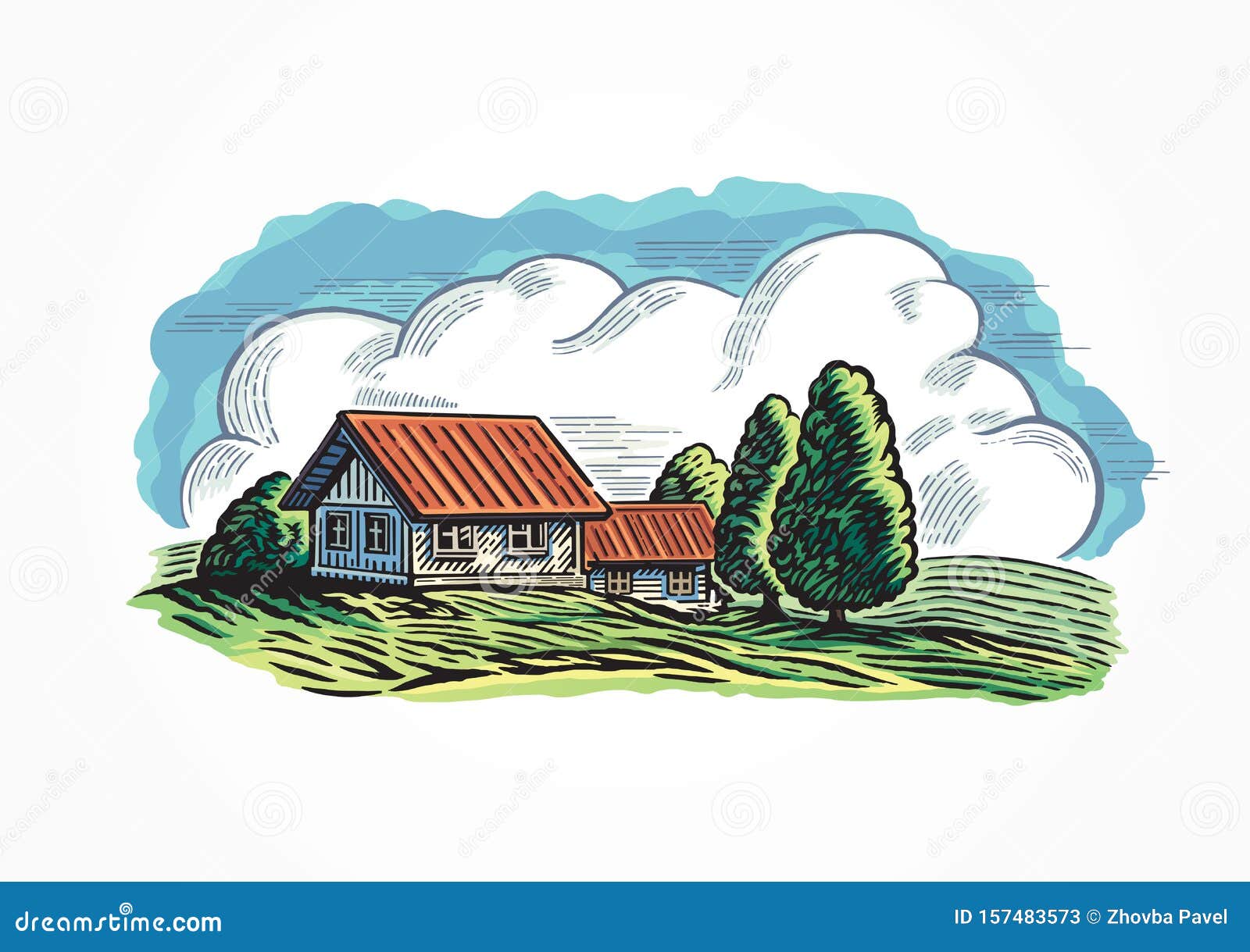 graphical countryside landscape, with village.