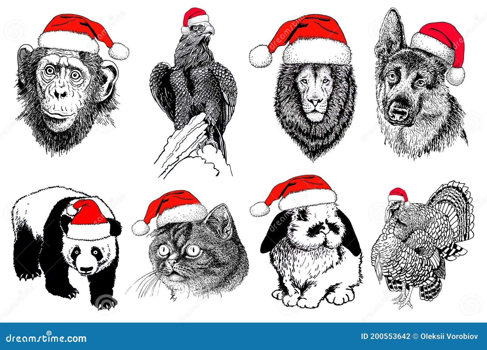 Graphical Set of Animals in Santa Claus Hats Isolated on White Background,  Vector New Year Illustration Stock Vector - Illustration of drawn, animals:  200553642