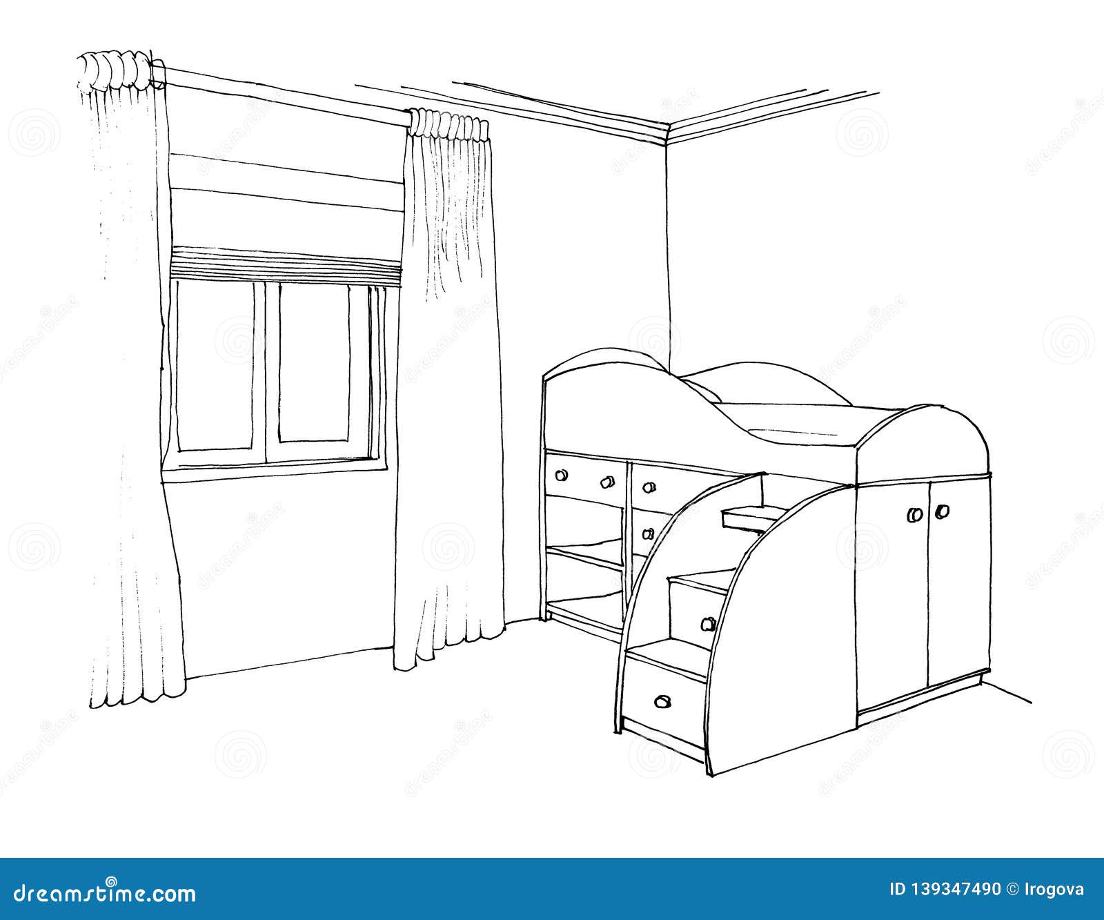 Рисунок комнаты с двухъярусной кроватью