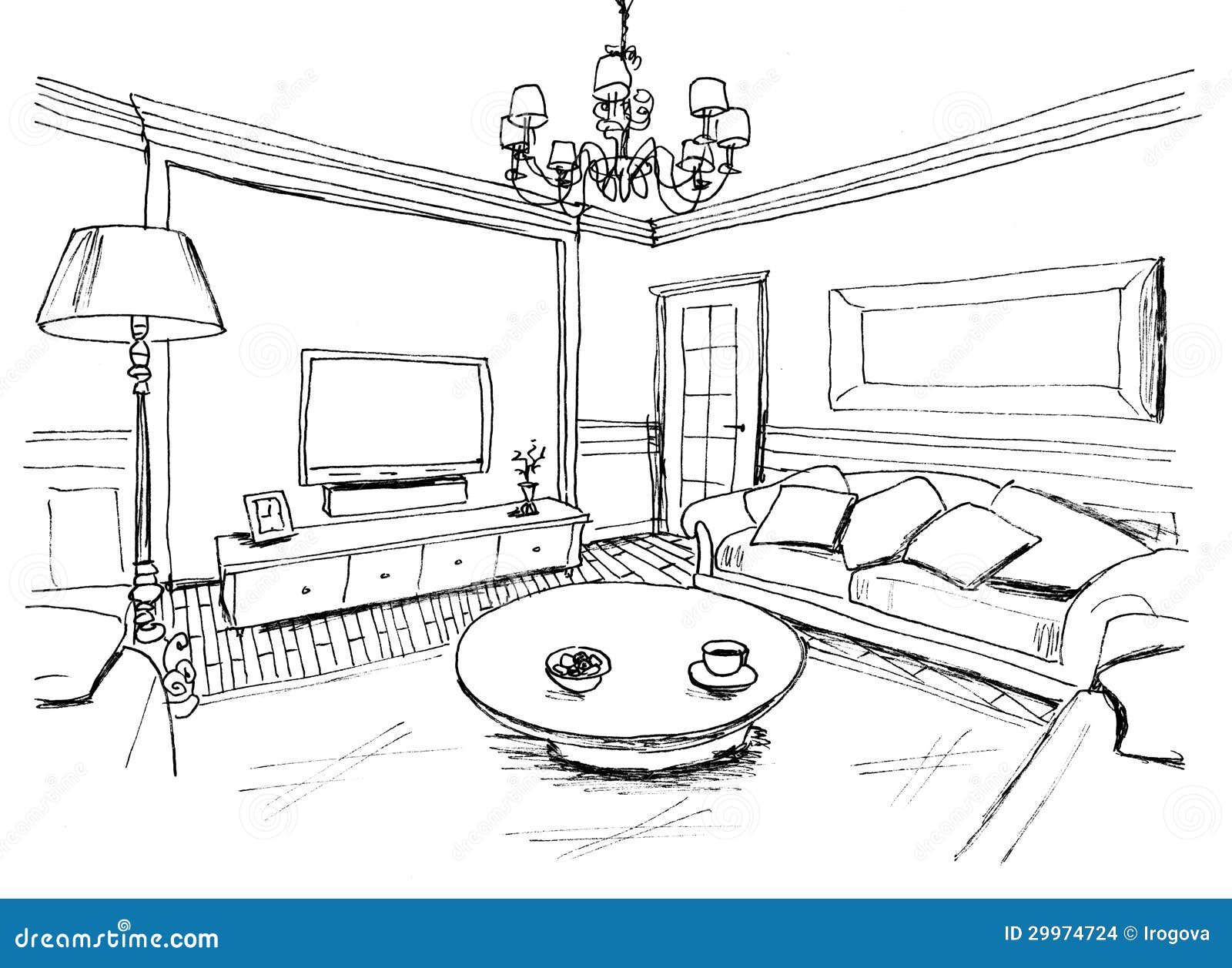 Graphical Sketch Of An Interior Living Room Stock