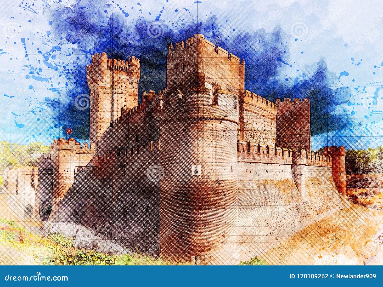 graphical wide angle view of corner of castillo de la mota in medina del campo, castille, spain.