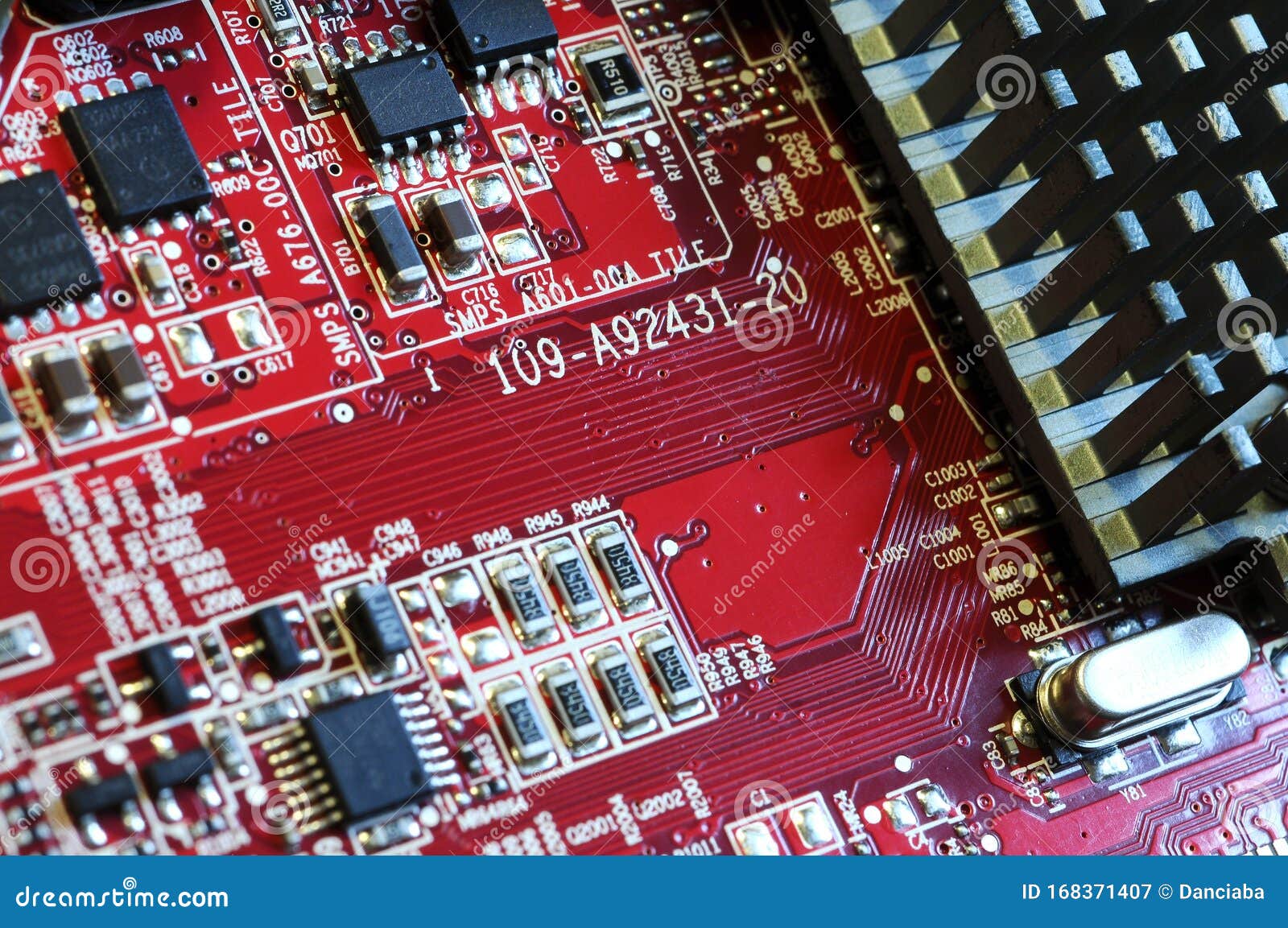 graphics card closeup. detail of electronic circuit. macro shot.