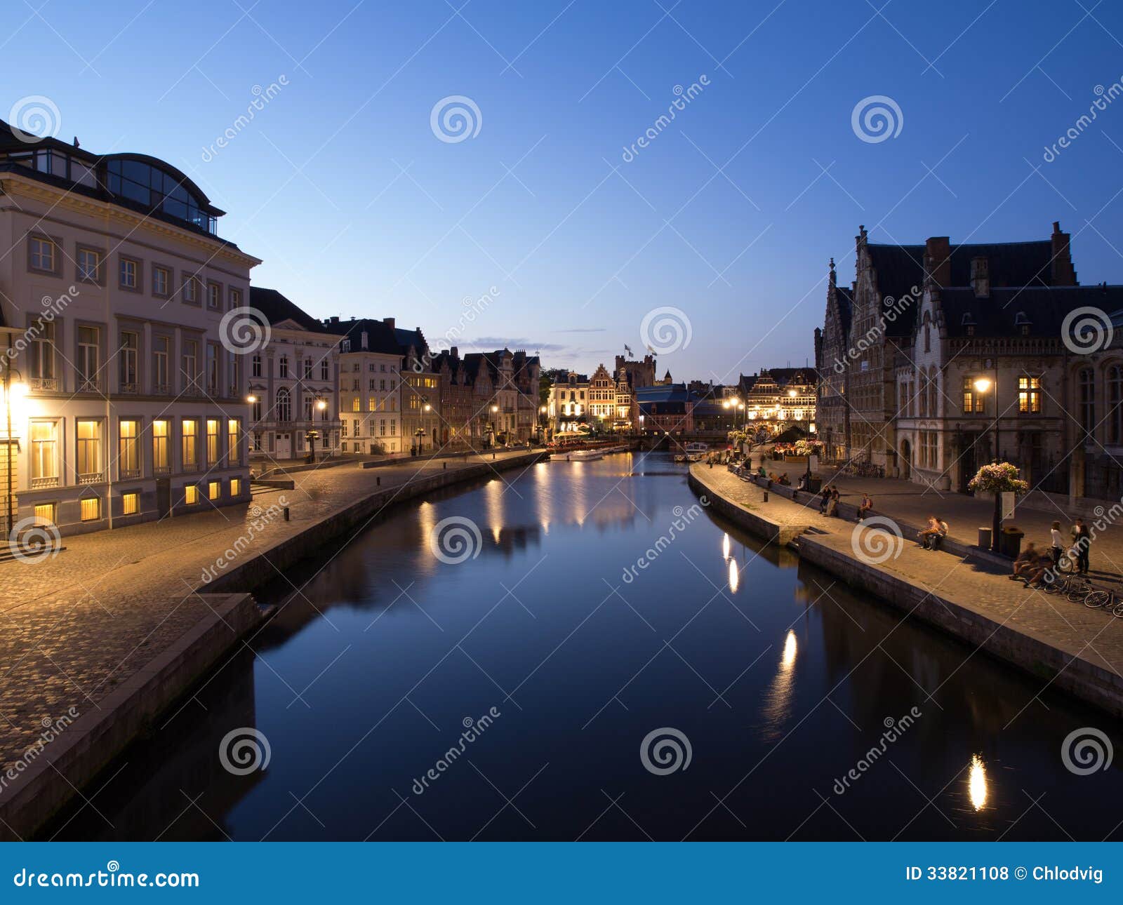 graslei at night in ghent, belgium