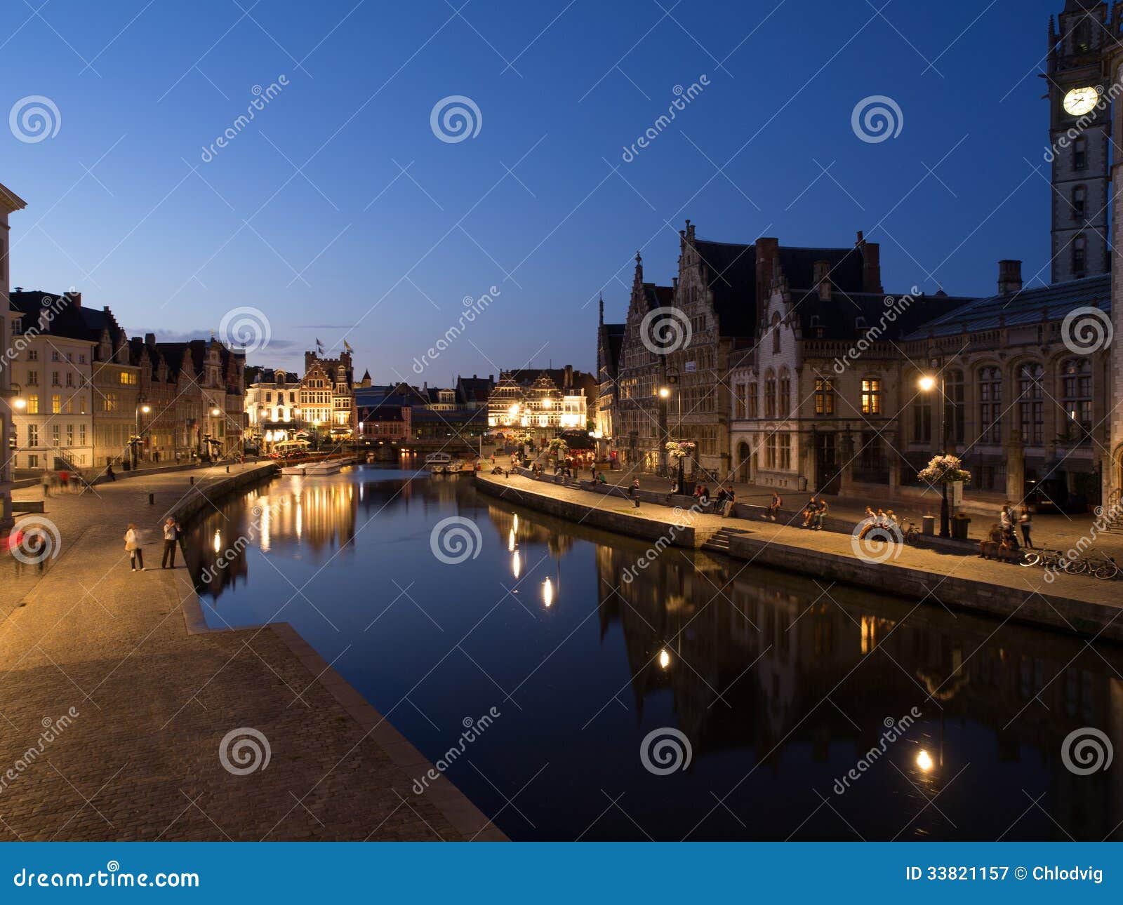 graslei at night in ghent, belgium