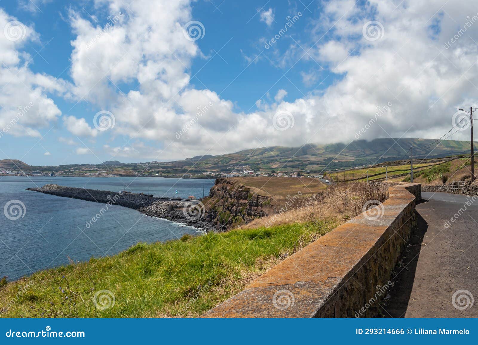 grass and blurred wall on cliff overlooking vitÃ³ria beach, terceira - azores portugal