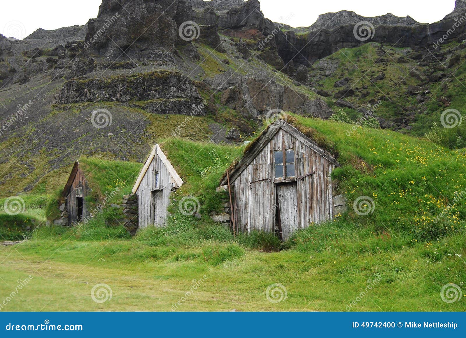 grass roofed houses in iceland used as shelter for travellers