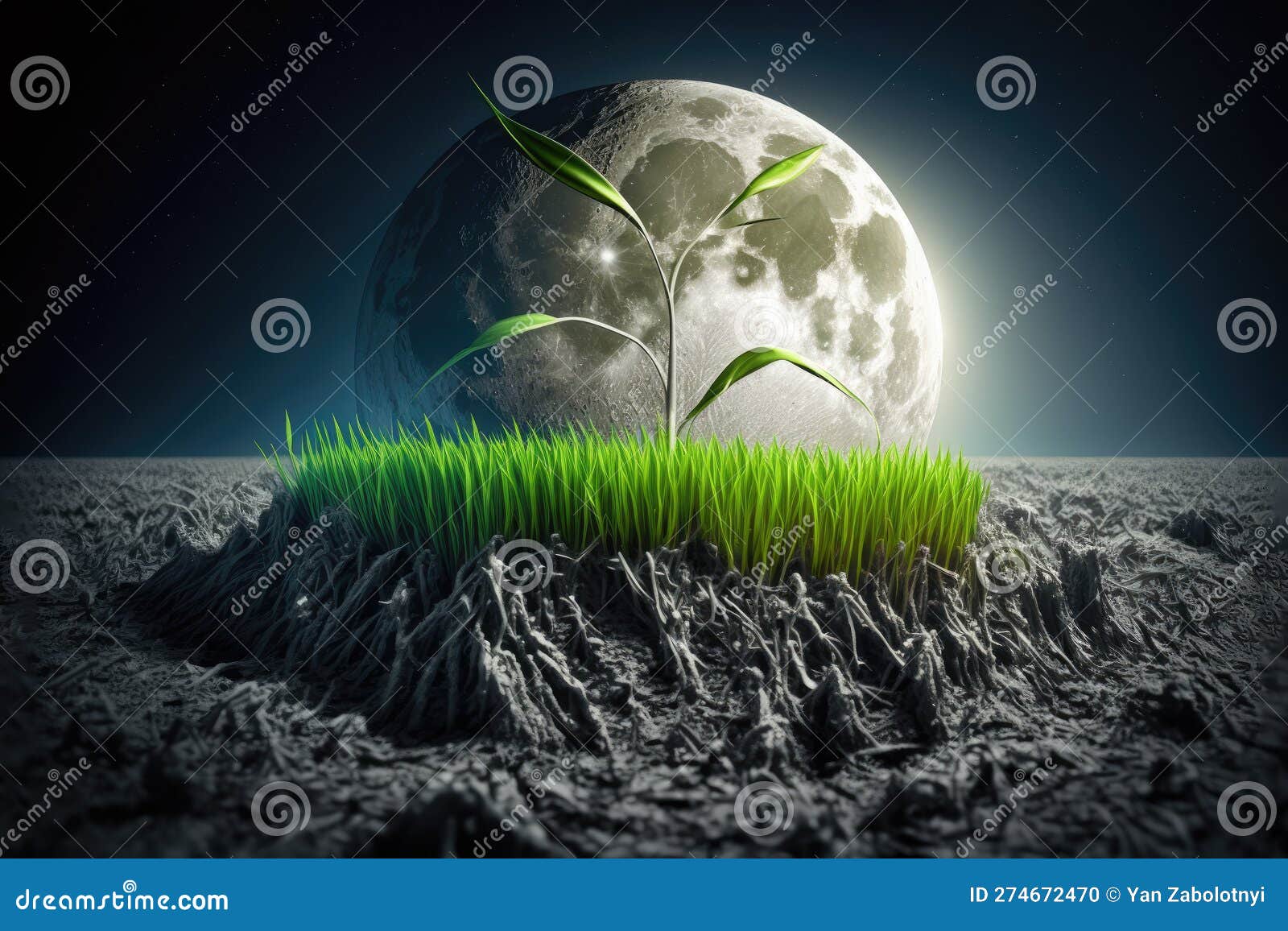 Grass Sprout on the Surface of the Moon. Generative AI Stock