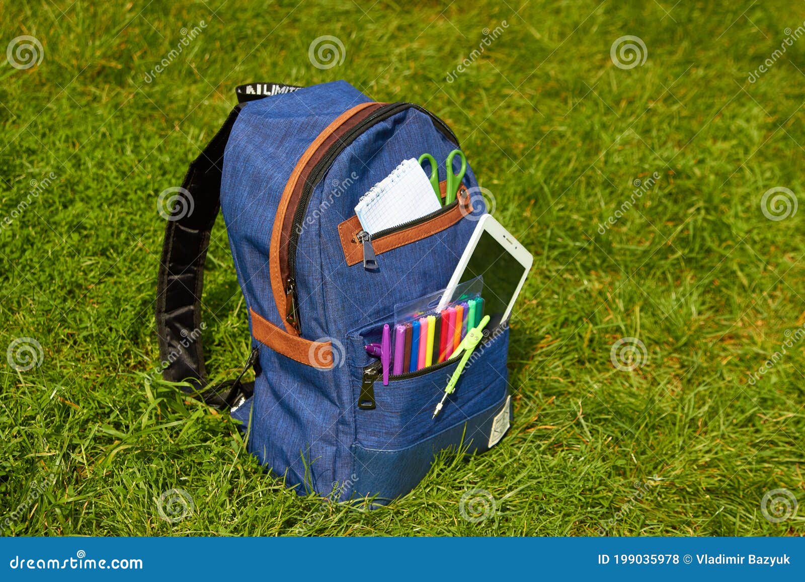 Blue School Bag on the Grass,on the Grass for a Teenager a School ...