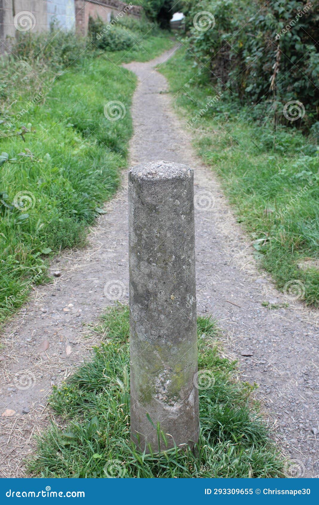 grassy alley way with concrete bollard