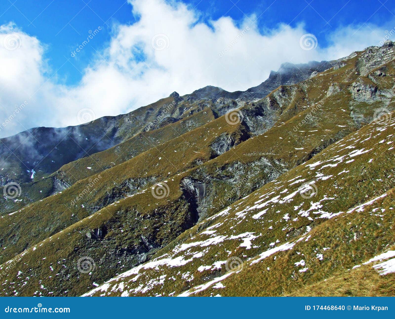 Grassy Alpine Slopes Under the Peaks of Falknishorn or Mazorakopf in ...