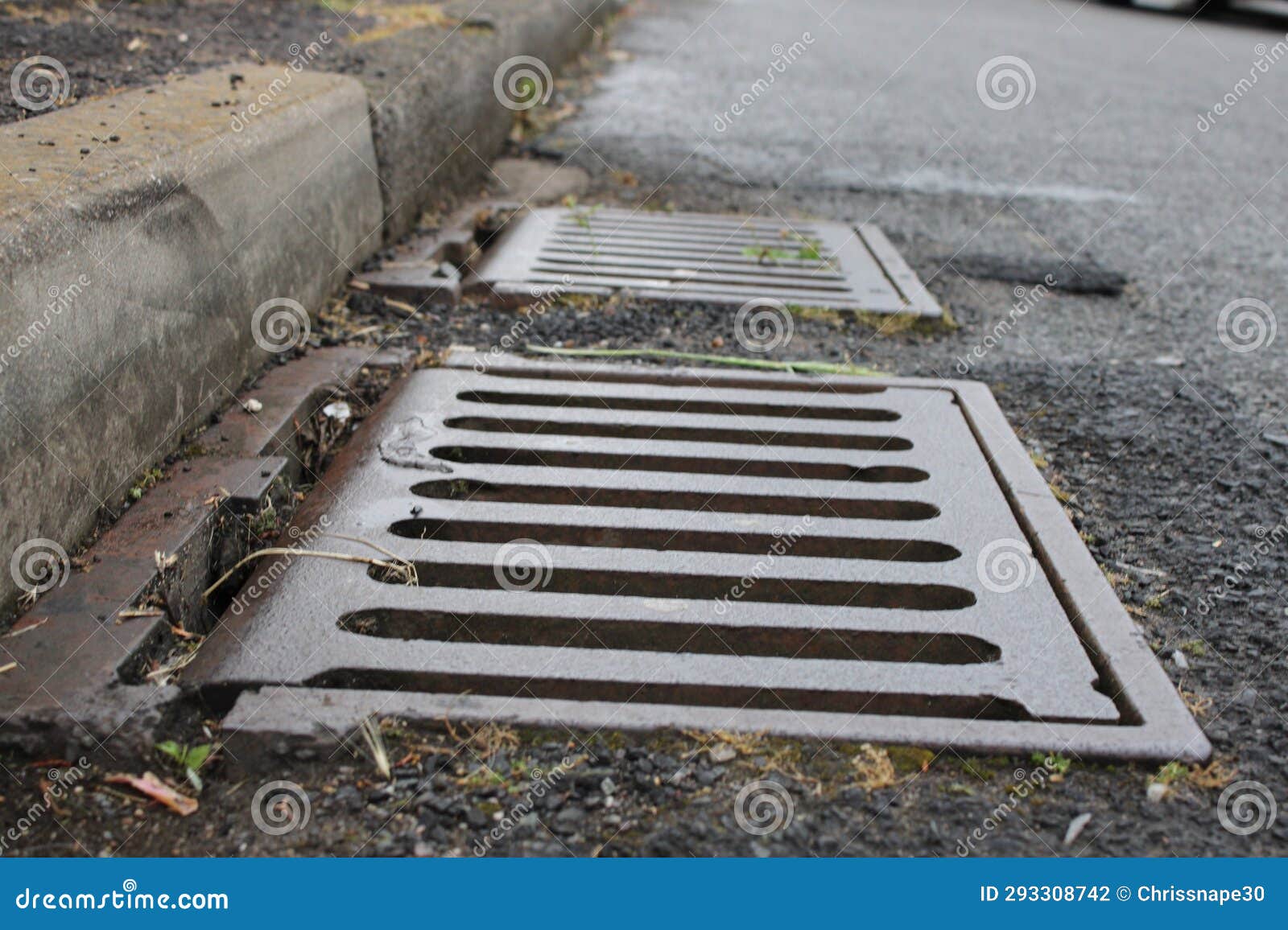 Grate of a Storm Sewer Drain Up Close Perspective Stock Photo Image
