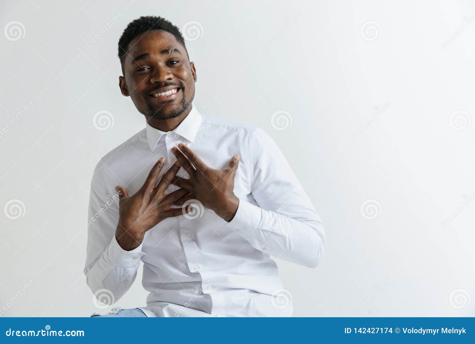 Grateful Happy Pleased African Man Holding Hands on Chest. Stock Photo ...