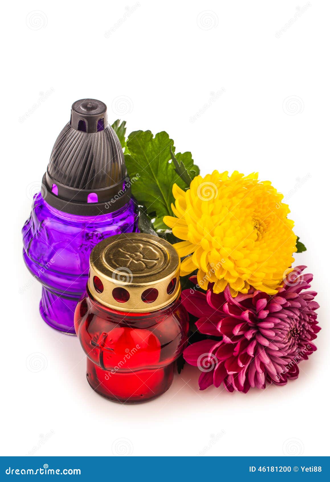 Grave Candle Lantern with Flowers Isolated on White Stock Photo Image